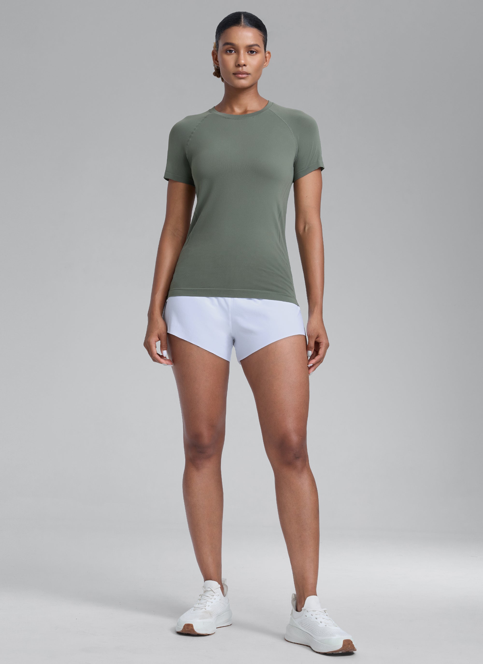 CRZ YOGA Kaos Lari Wanita Model Klasik Seamless , Lengan Pendek, Warna Abu-abu Sage