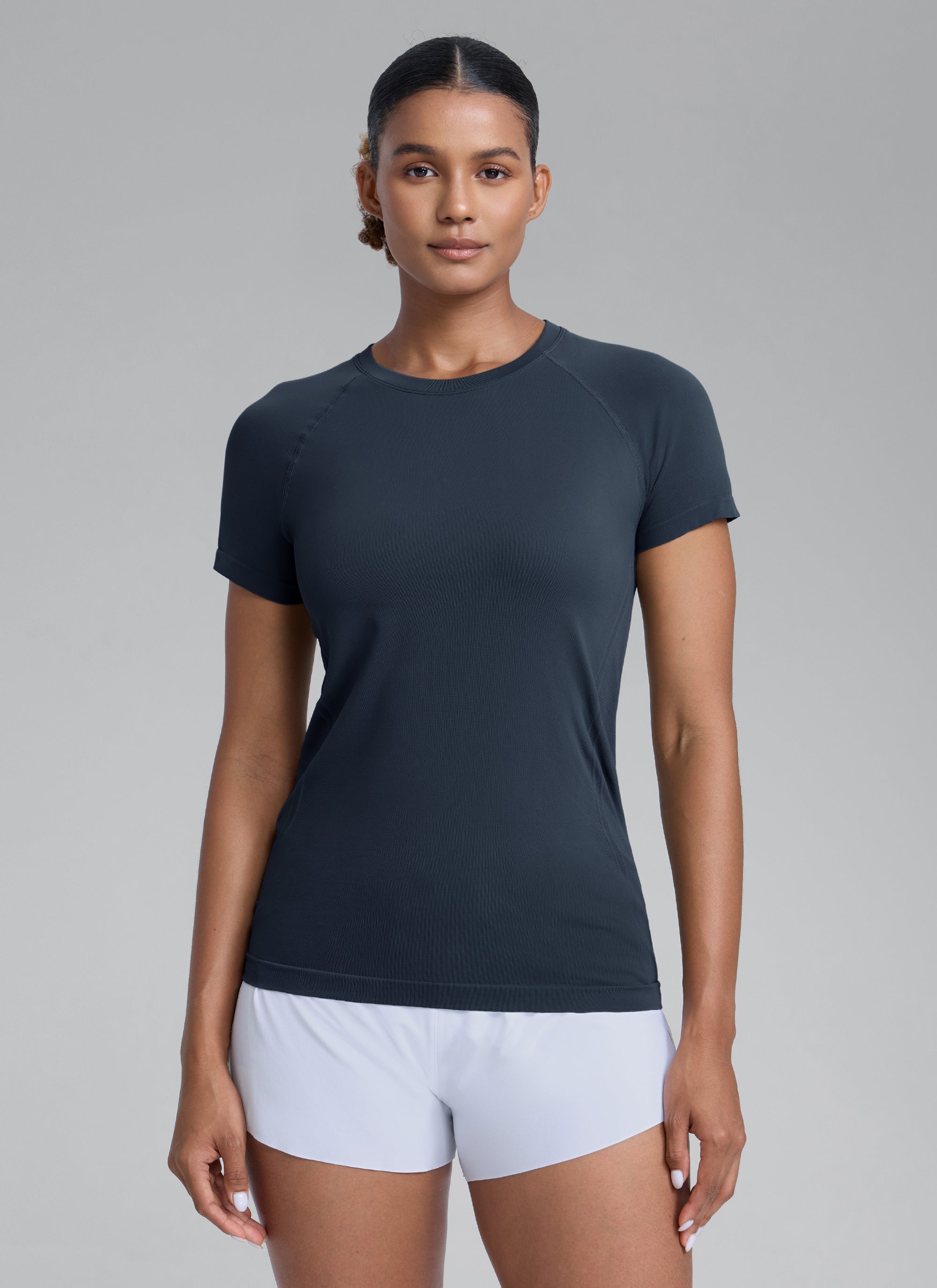 CRZ YOGA Kaos Lari Wanita Model Klasik Seamless , Lengan Pendek, Warna Twilight Blue