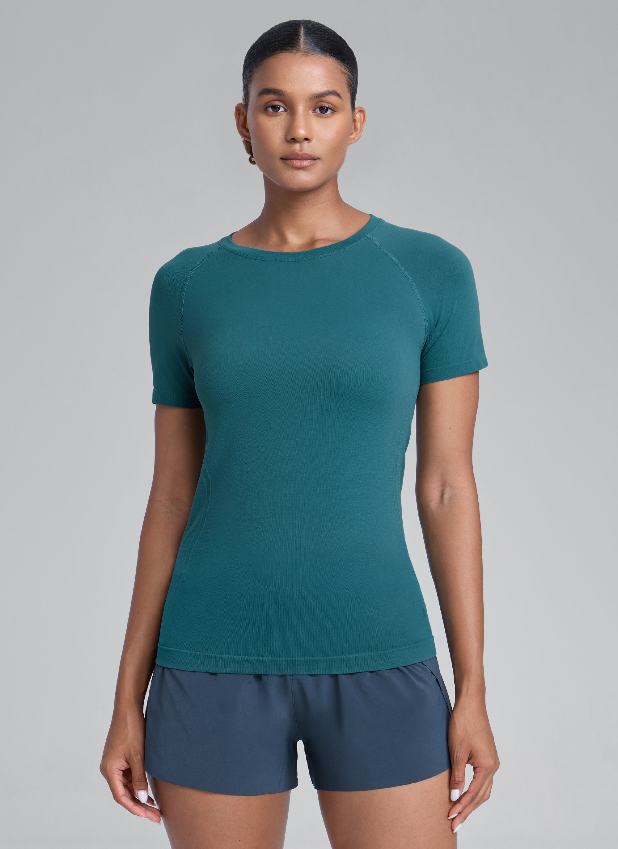 CRZ YOGA Kaos Lari Wanita Model Klasik Seamless , Lengan Pendek, Warna Hijau Giok