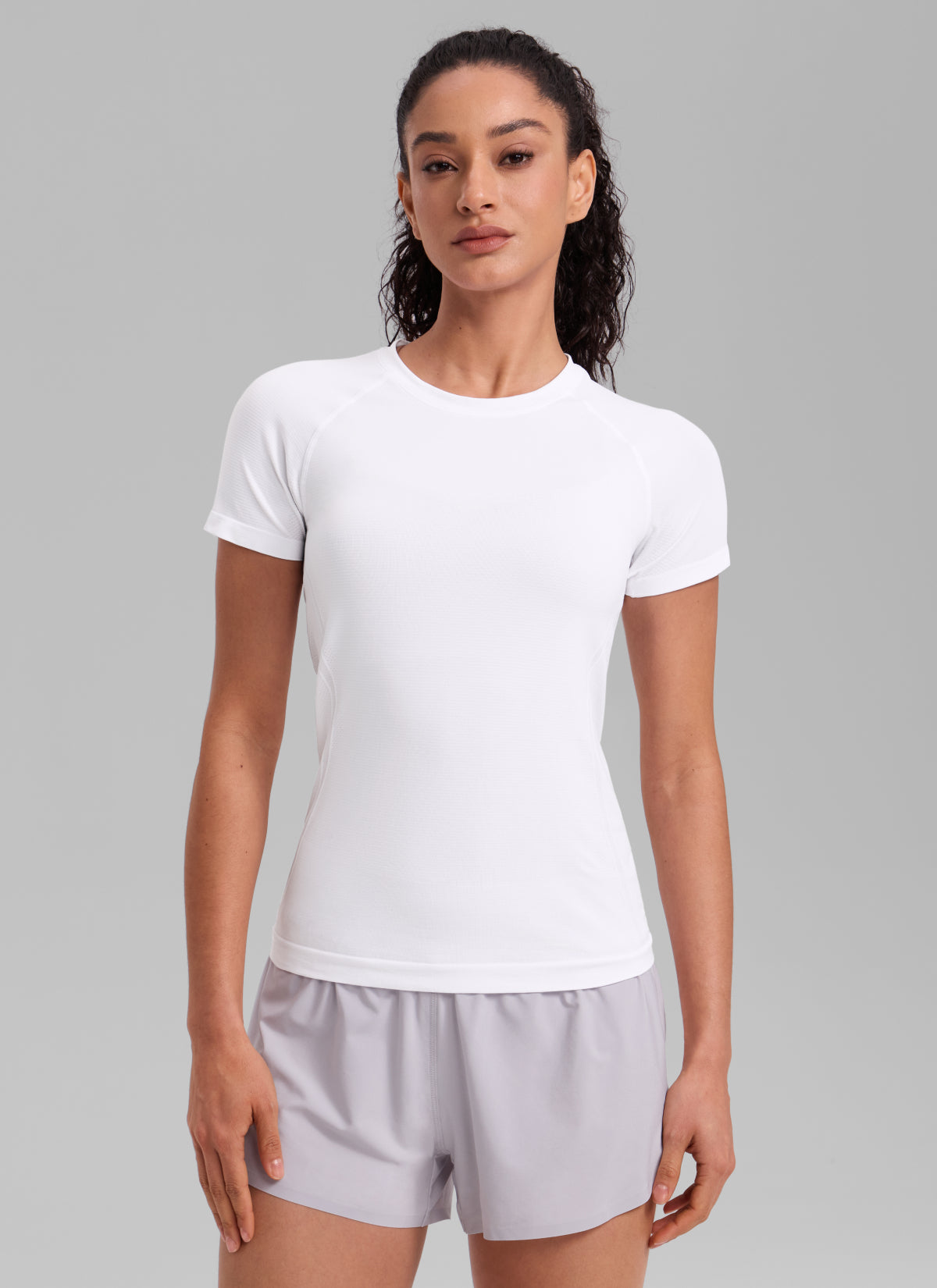 CRZ YOGA Kaos Lari Wanita Model Klasik " Seamless " Lengan Pendek Warna Putih