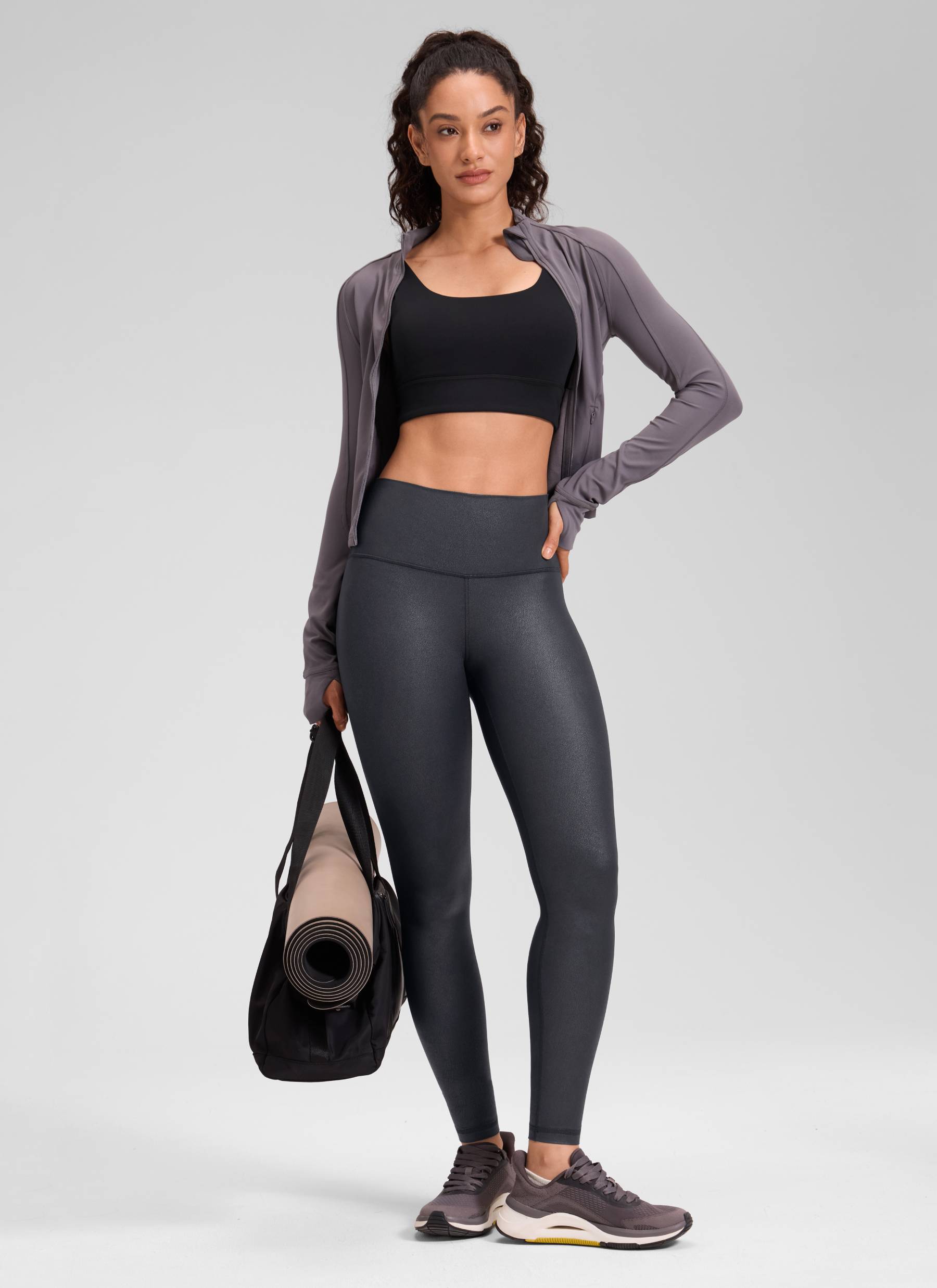 CRZ YOGA Legging Kulit Sintetis Matte untuk Wanita " Butterluxe " Ukuran 28' dengan Motif Foil Abu-abu Misterius