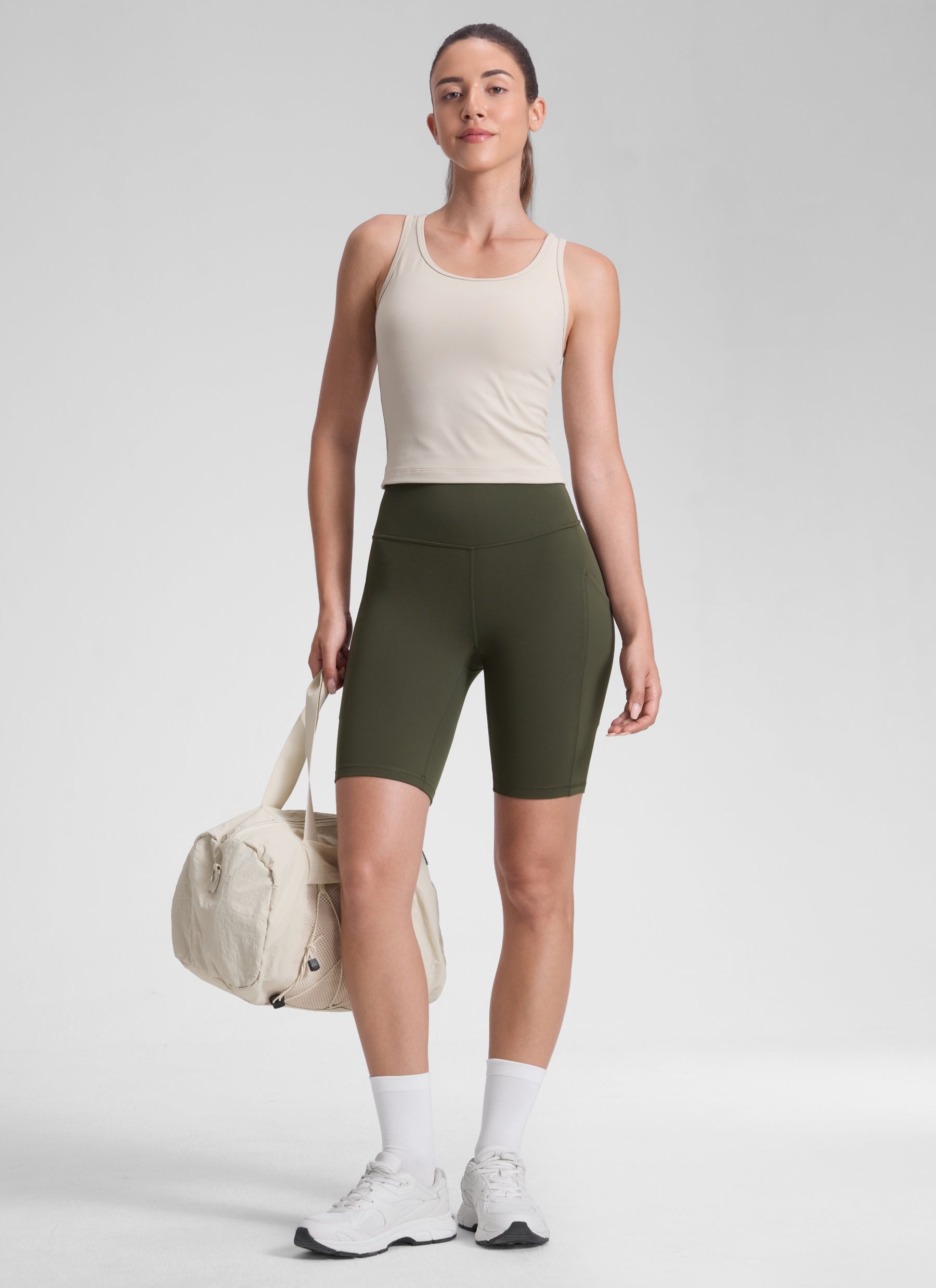 CRZ YOGA Women's Yoga High Rise Biker Butterluxe Pockets Shorts 8'' Olive Green