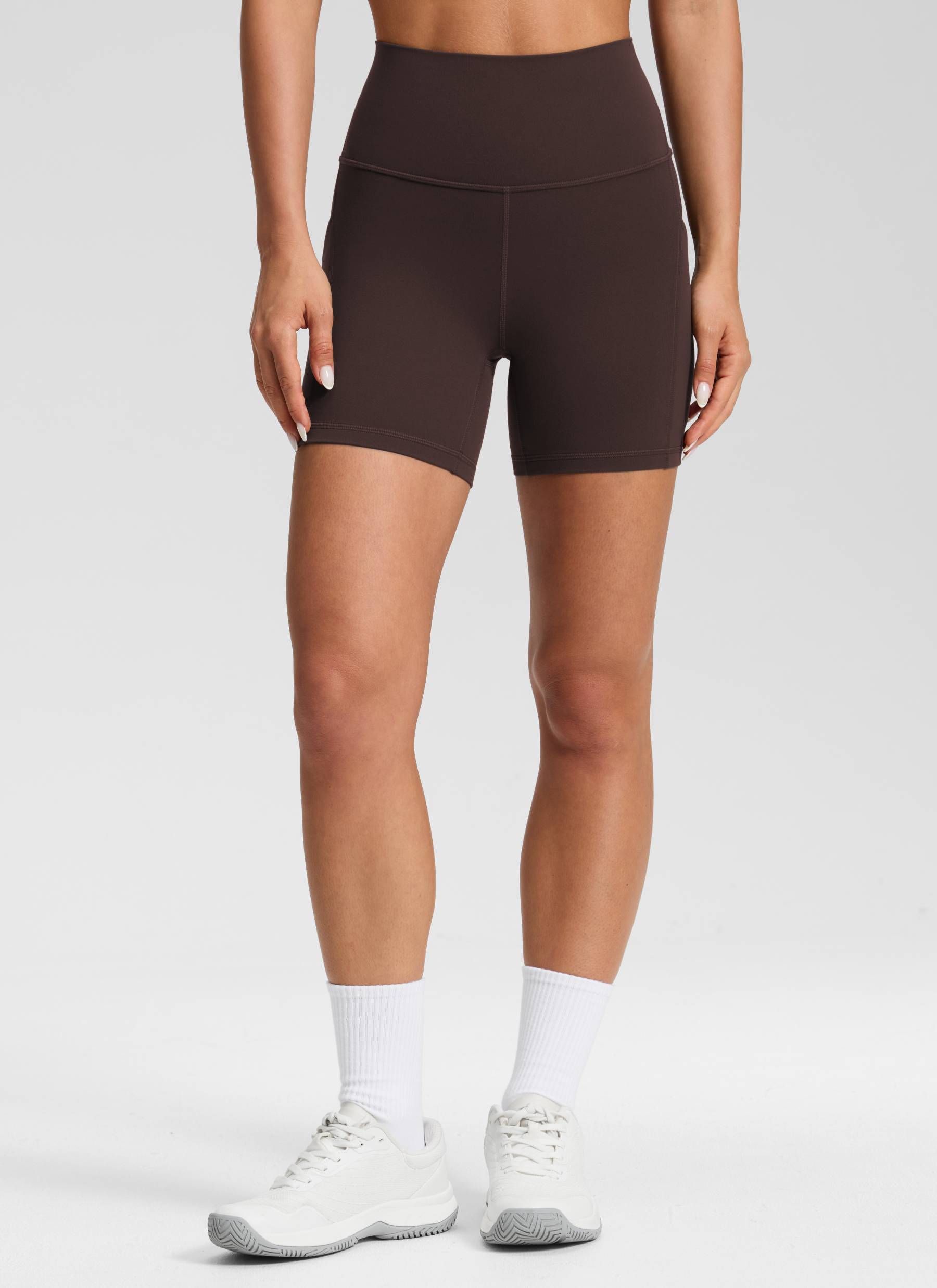 CRZ YOGA Women's Yoga High Rise Biker Butterluxe Pockets Shorts 5'' Hot Fudge Brown