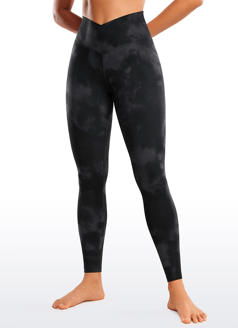 CRZ YOGA Legging Yoga Wanita Model High Rise dengan Desain " Butterluxe ", Panjang 28 inci, Pinggang Silang V, Warna Hitam dengan Motif Tie-Dye Bunga