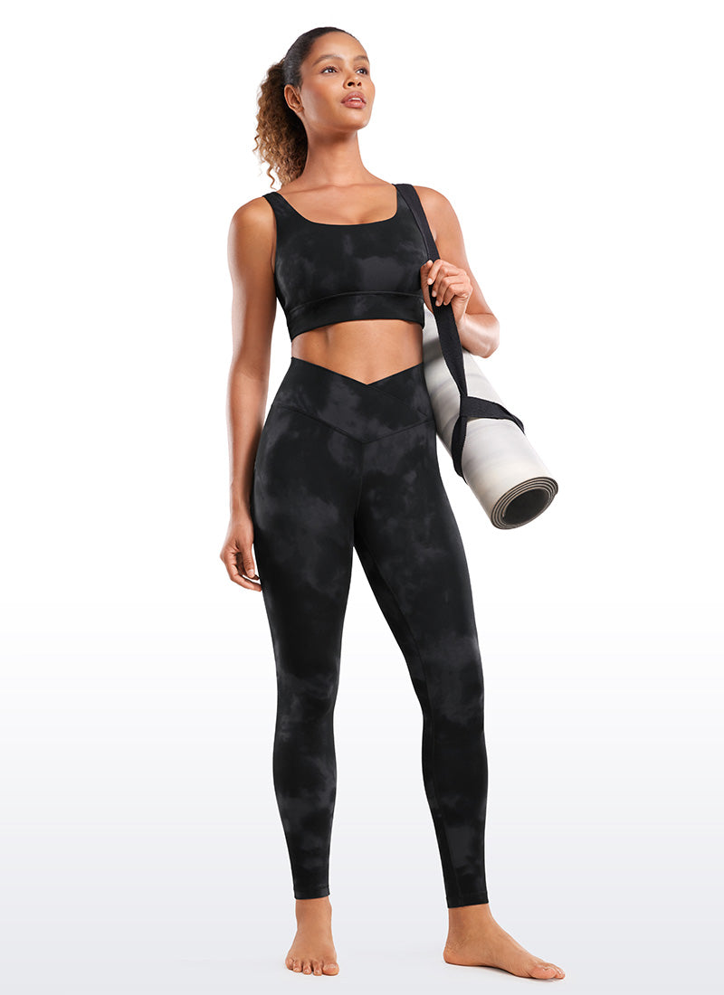 CRZ YOGA Legging Yoga Wanita Model High Rise dengan Desain " Butterluxe ", Panjang 28 inci, Pinggang Silang V, Warna Hitam dengan Motif Tie-Dye Bunga