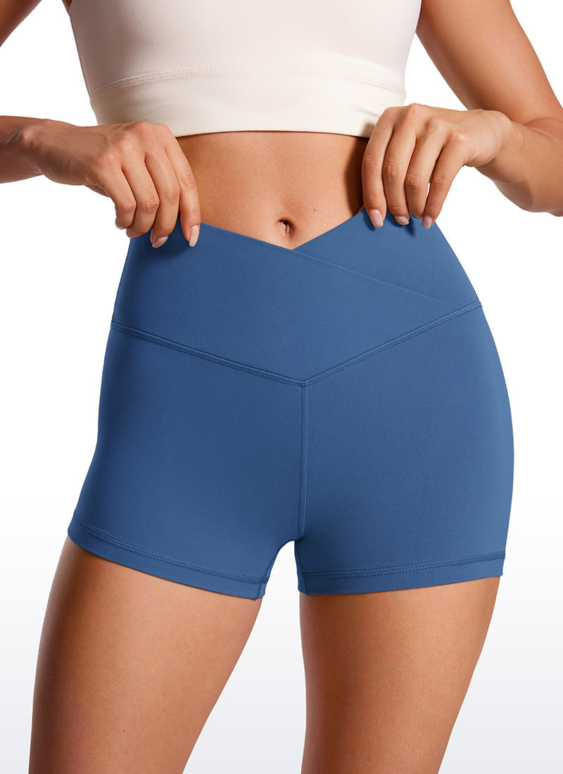CRZ YOGA Celana Pendek Biker Butterluxe Potongan V Menyilang di Pinggang Tinggi Wanita 8 cm Pitch Blue