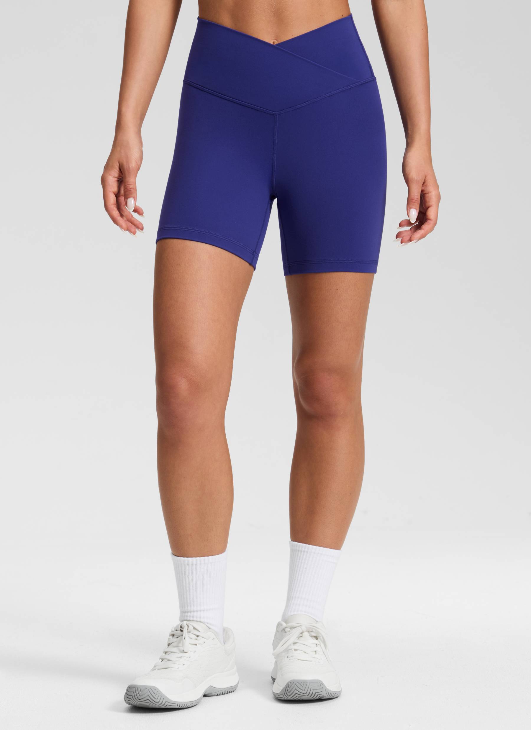 CRZ YOGA Women's High Rise Butterluxe V Cross Waist Biker Shorts 5'' Larkspur Blue