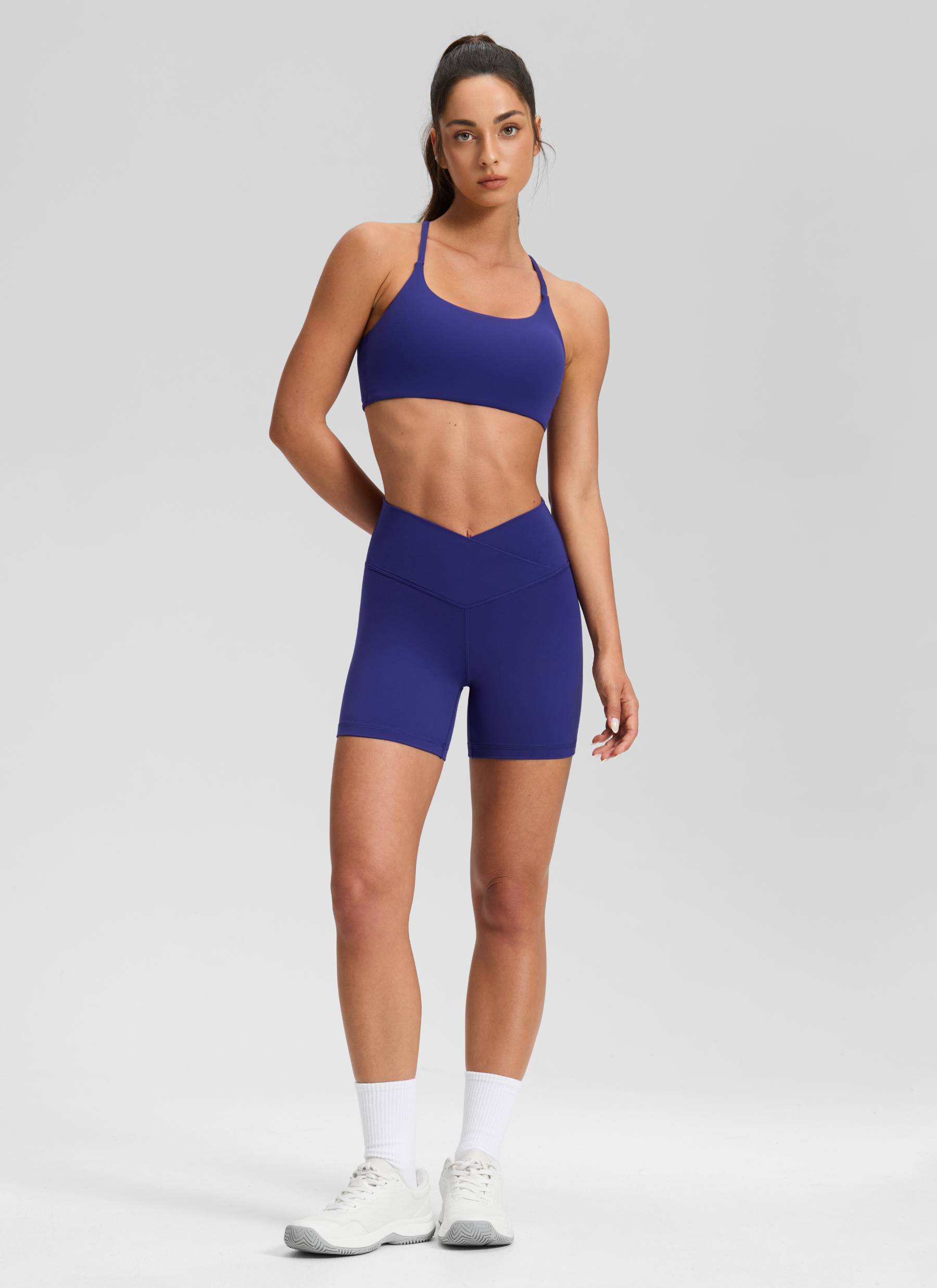 CRZ YOGA Women's High Rise Butterluxe V Cross Waist Biker Shorts 5'' Larkspur Blue