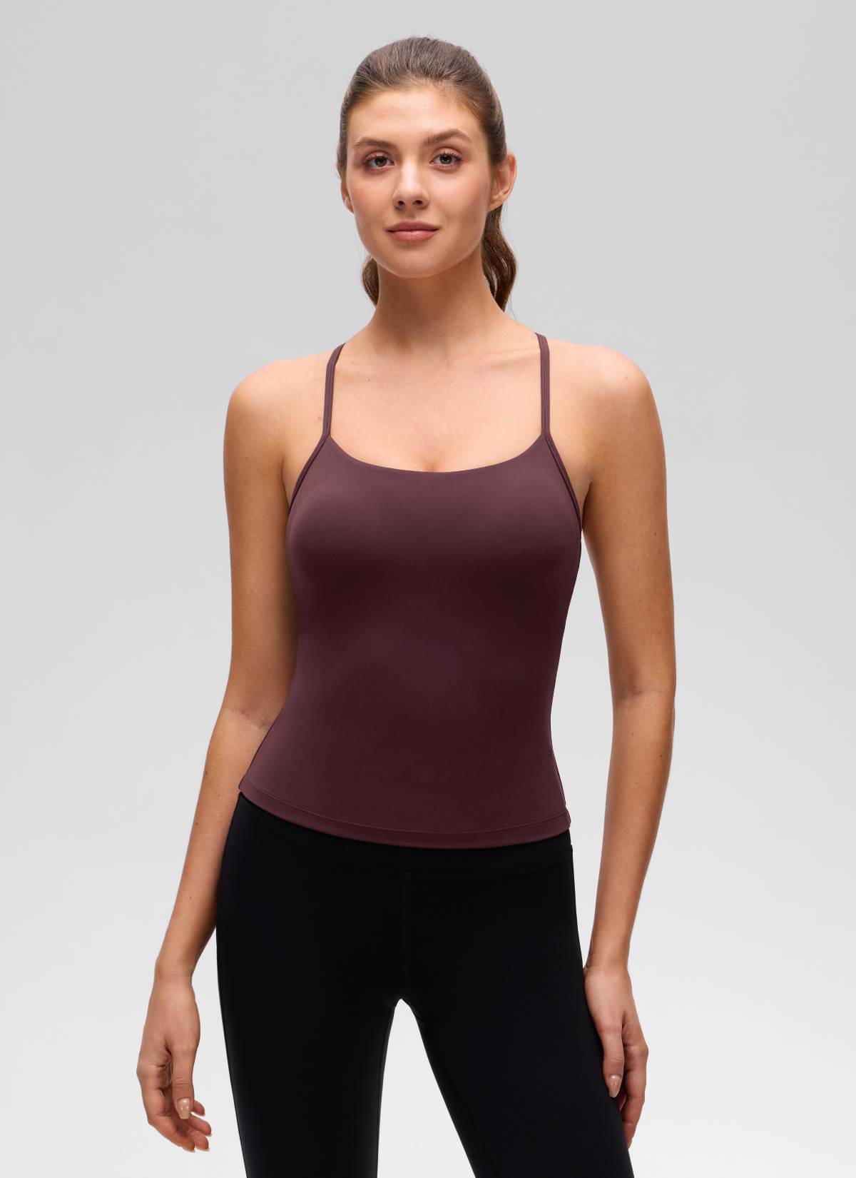 Butterluxe CRZ YOGA Kaos Tanktop Yoga Wanita Model Slim Fit dengan Bra Terintegrasi, Desain Punggung Y, Warna Ripe Plum