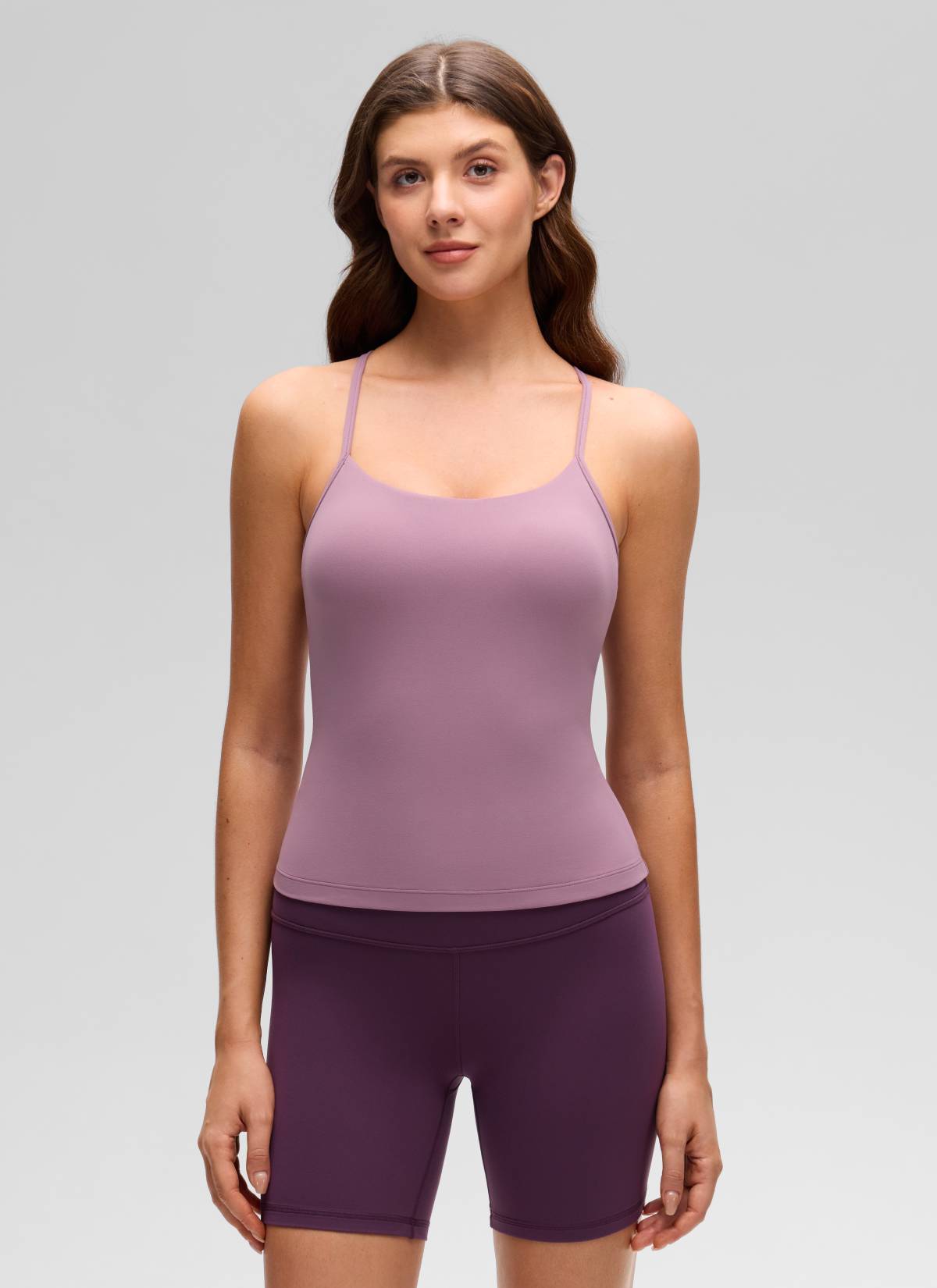 Butterluxe CRZ YOGA Pakaian Yoga Wanita Model Slim Fit dengan Bra Terintegrasi, Model Tank Top dengan Punggung Berbentuk Y, Warna Lavender Muda