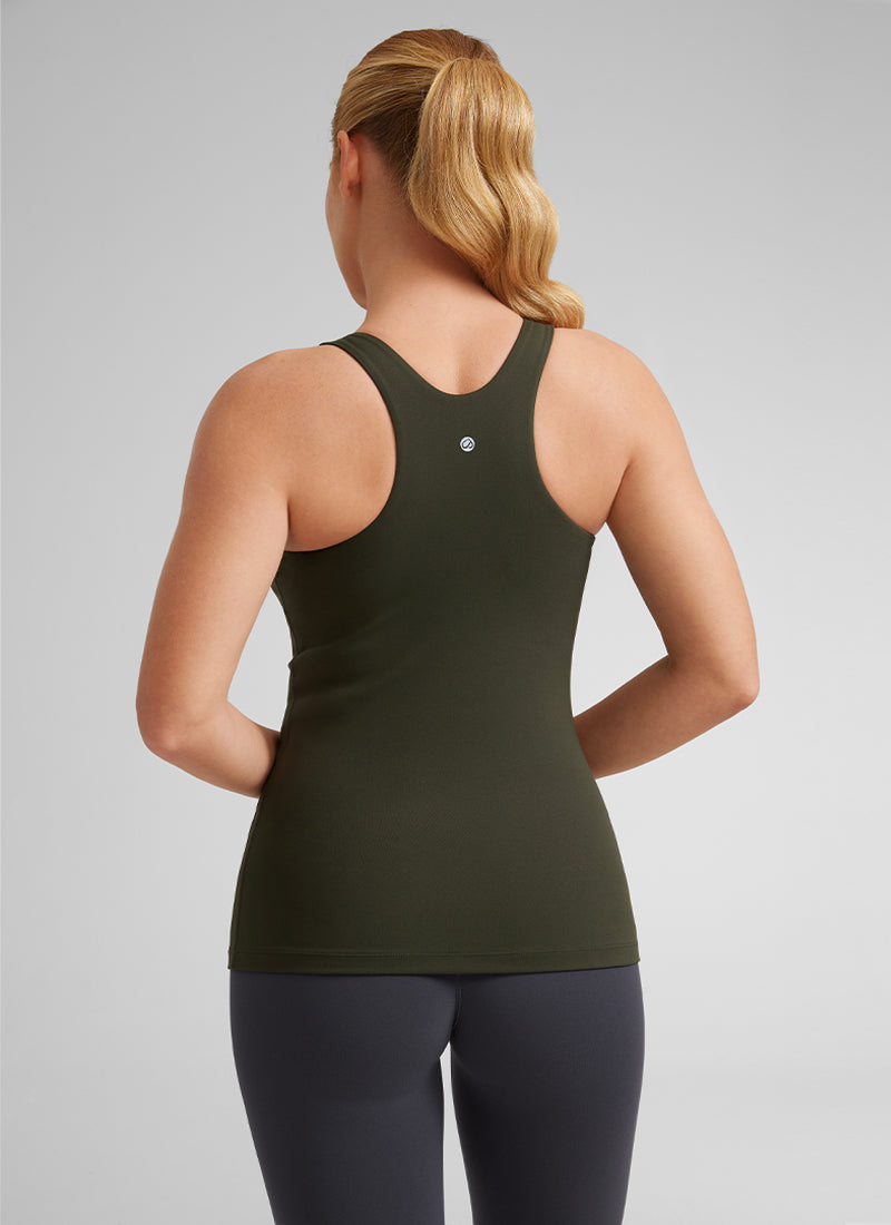 CRZ YOGA Atasan Yoga Wanita Model Slim Fit, Tank Top dengan Desain Racerback dan Leher Tinggi, Warna Hijau Zaitun, Model " Butterluxe "