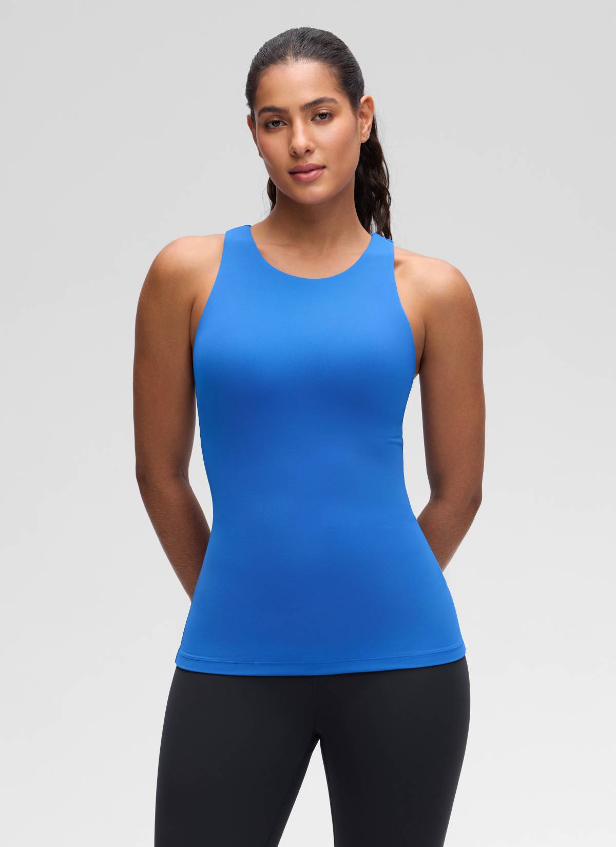 CRZ YOGA Atasan Yoga Wanita Model Slim Fit, Tank Top dengan Model Racerback dan Leher Tinggi, Warna Biru Berkilau ( Butterluxe )