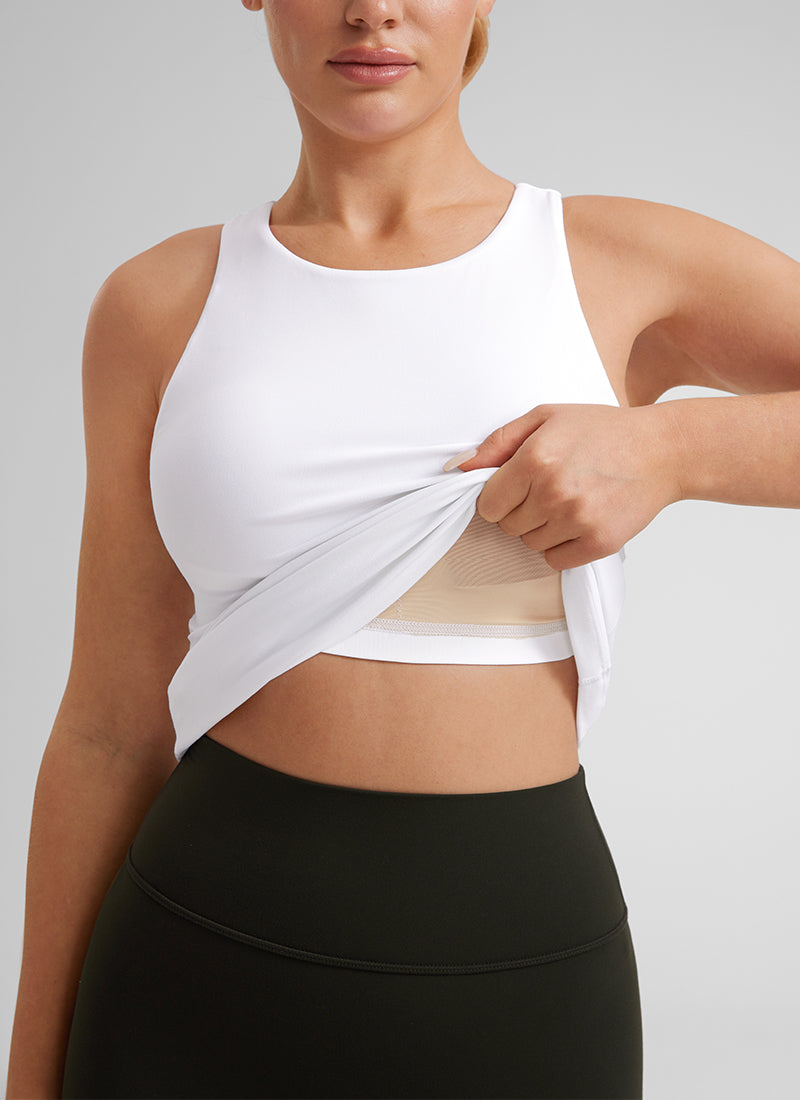 CRZ YOGA Atasan Yoga Wanita Model Slim Fit, Tank Top Racerback dengan Leher Tinggi, Motif " Butterluxe ", Warna Putih