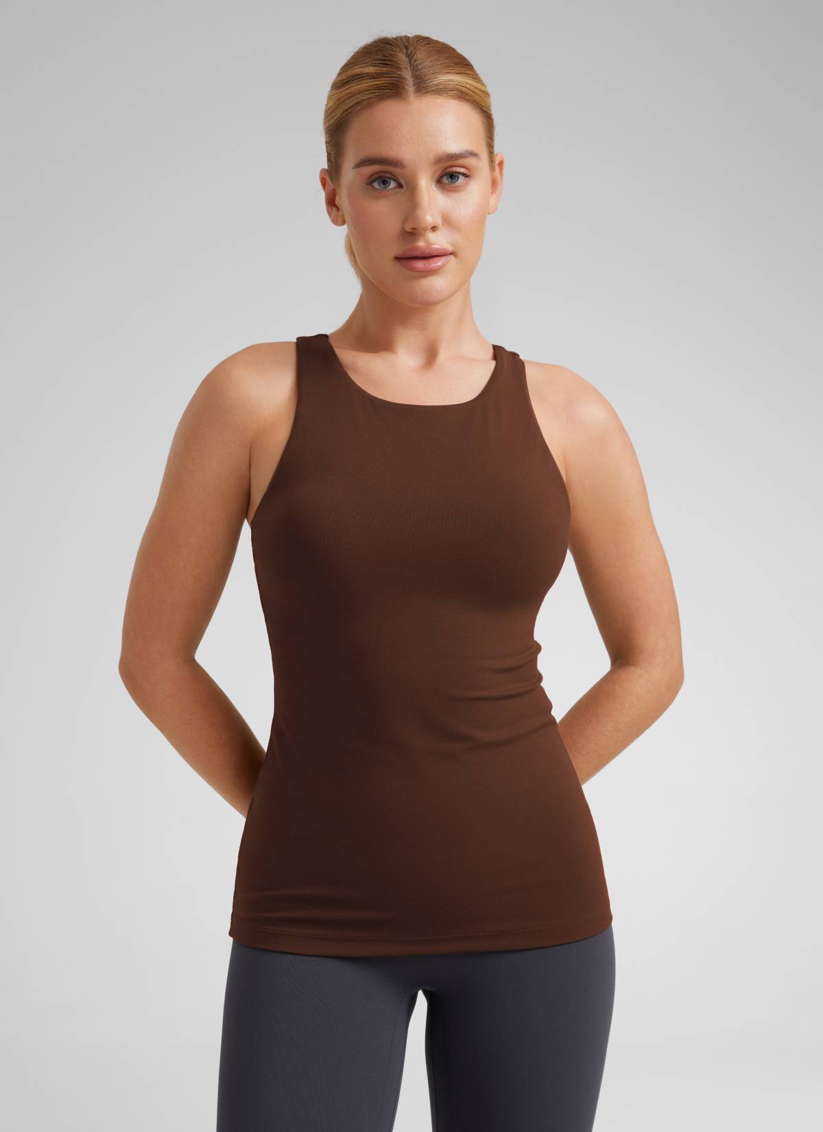 CRZ YOGA Atasan Yoga Wanita Model Slim Fit, Tank Top Racerback dengan Leher Tinggi, Warna Lava Brown, dari Koleksi " Butterluxe "
