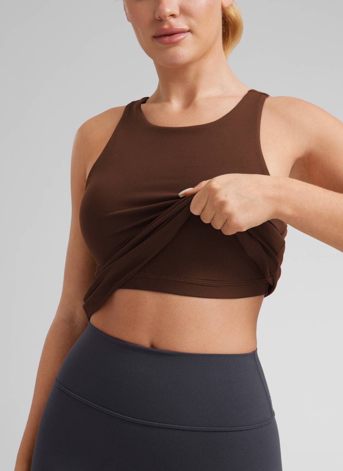 CRZ YOGA Atasan Yoga Wanita Model Slim Fit, Tank Top Racerback dengan Leher Tinggi, Warna Lava Brown, dari Koleksi " Butterluxe "