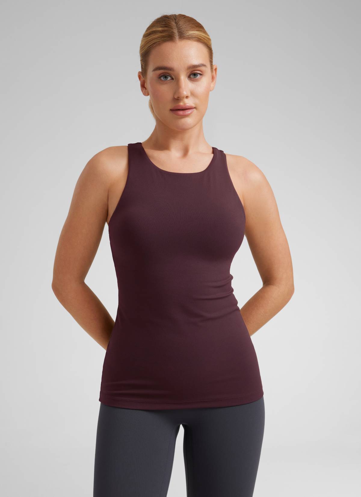 CRZ YOGA Atasan Yoga Wanita Model Slim Fit, Tank Top dengan Model Racerback dan Leher Tinggi, Warna Ripe Plum ( Butterluxe )
