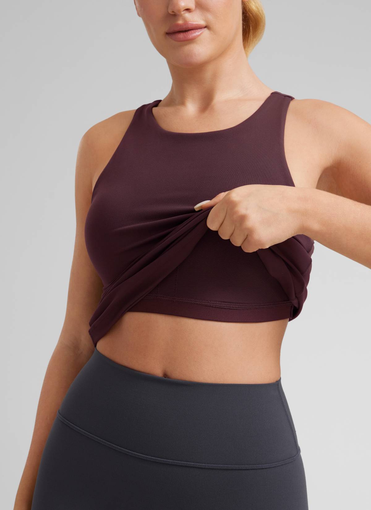 CRZ YOGA Atasan Yoga Wanita Model Slim Fit, Tank Top dengan Model Racerback dan Leher Tinggi, Warna Ripe Plum ( Butterluxe )