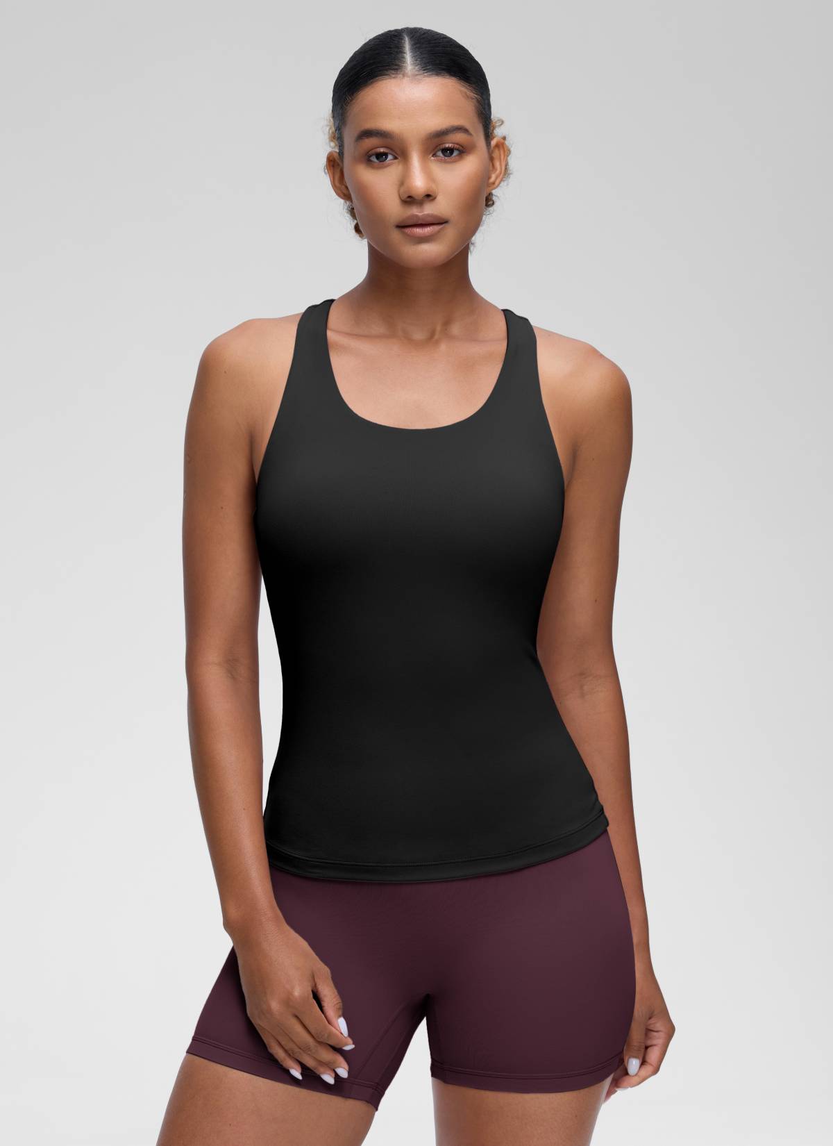 CRZ YOGA Atasan Yoga Wanita Model Ketat Butterluxe Tank Top dengan Bra Terintegrasi, Warna Hitam