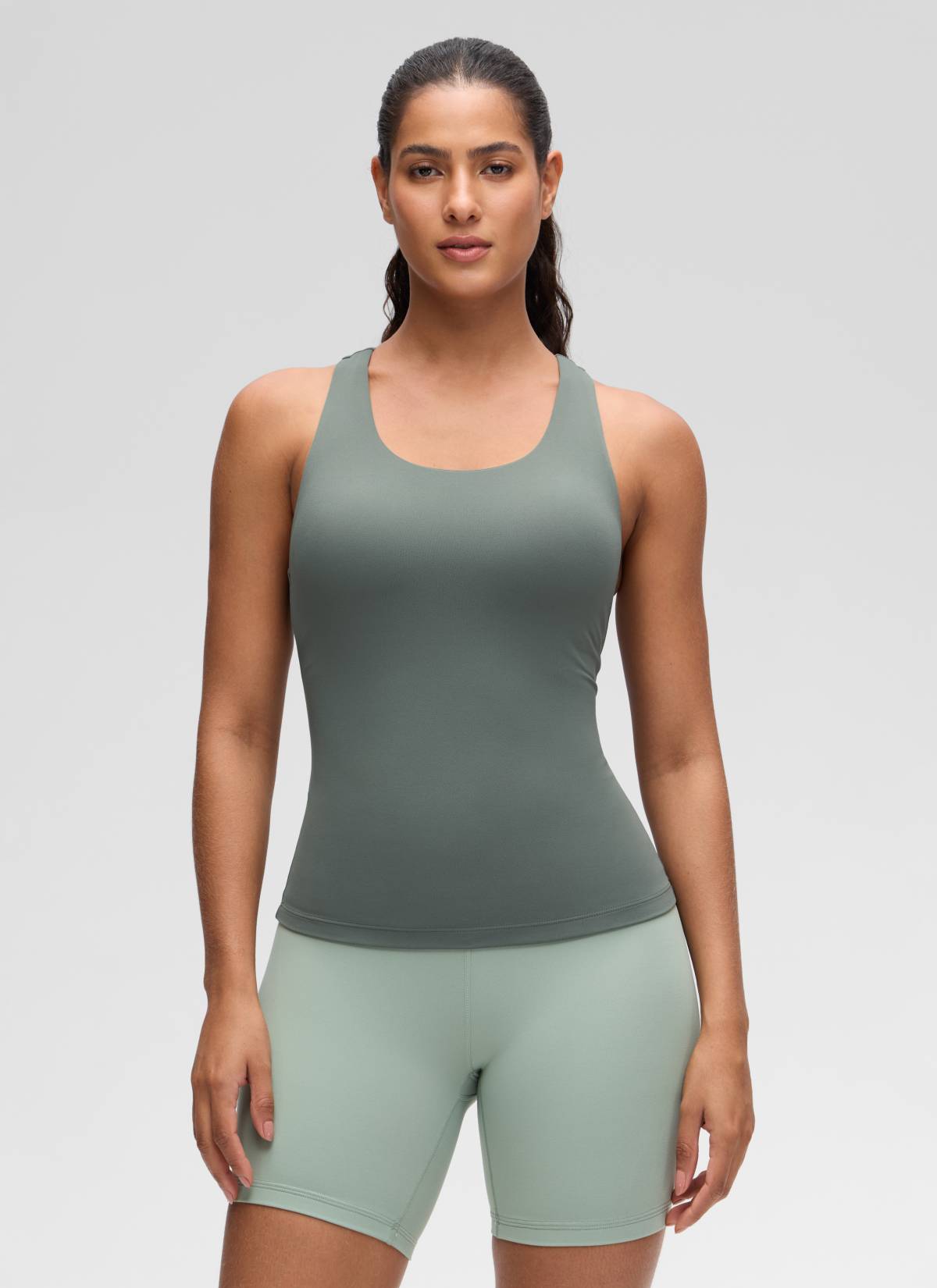 CRZ YOGA Atasan Yoga Wanita Model Ketat Butterluxe Tank Top dengan Bra Terintegrasi Warna Abu-abu Sage