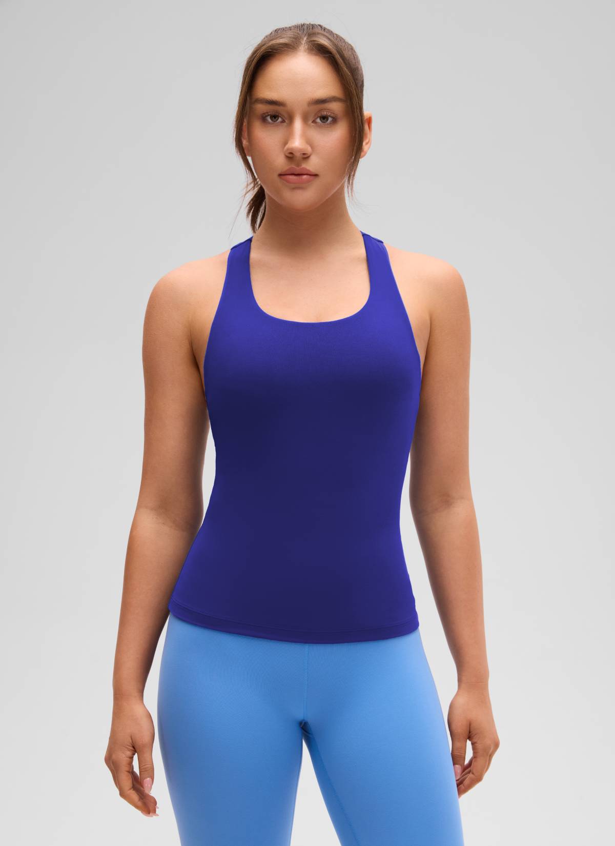 CRZ YOGA Atasan Yoga Wanita Model Ketat Butterluxe Tank Top dengan Bra Terintegrasi Warna Biru Larkspur