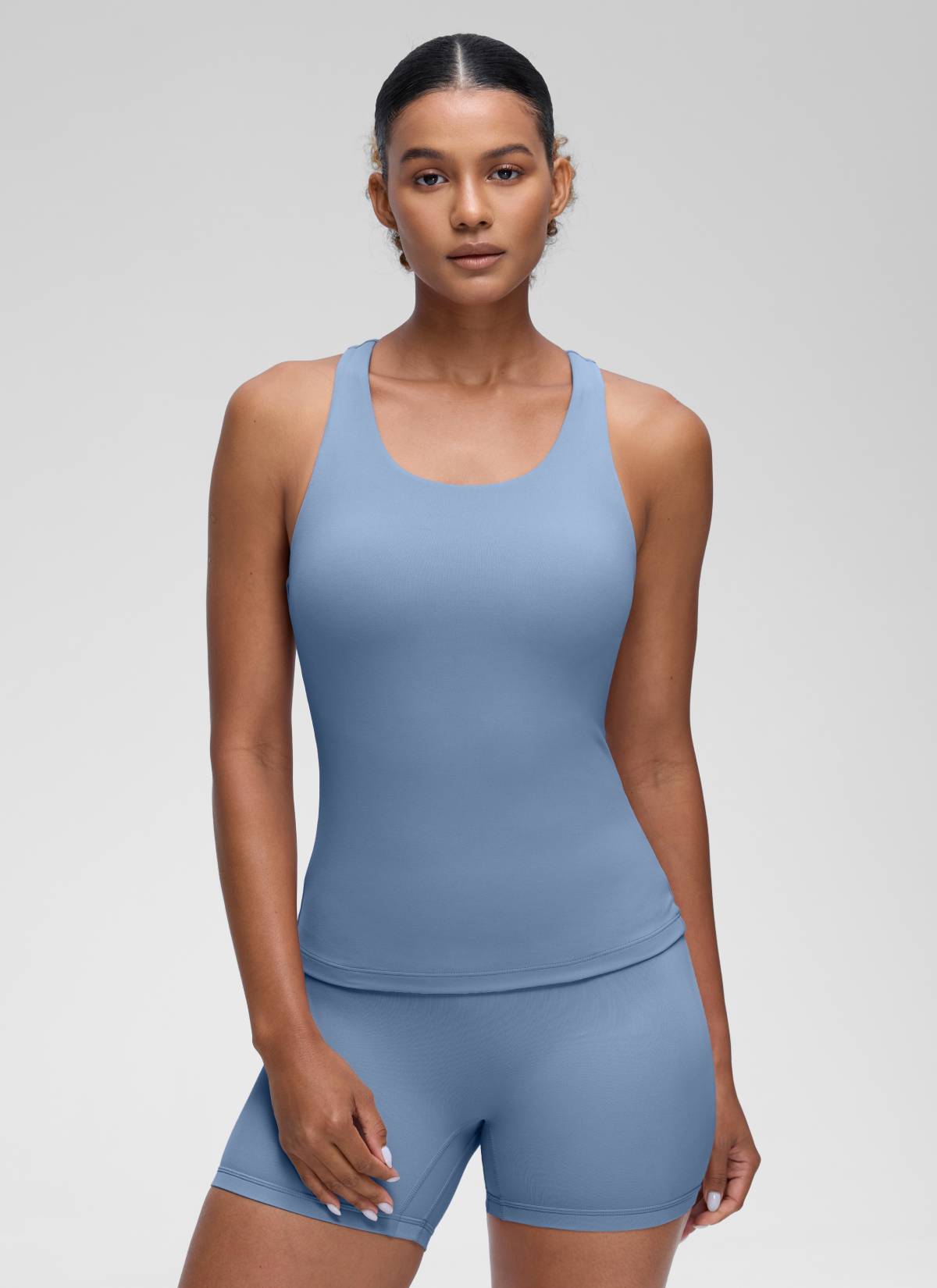 CRZ YOGA Atasan Yoga Wanita Model Ketat Butterluxe Tank Top dengan Bra Terintegrasi, Denim Cuci