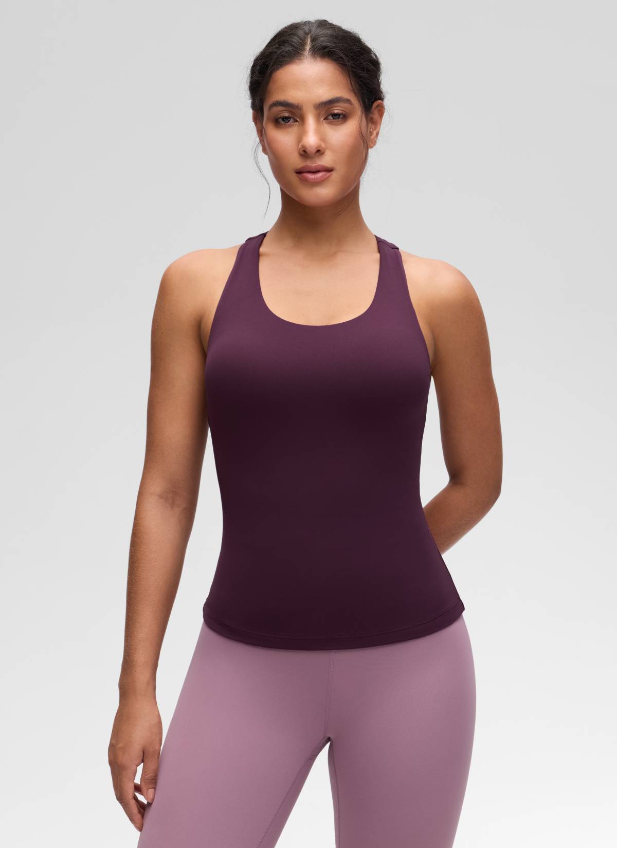 CRZ YOGA Atasan Yoga Wanita Model Ketat Butterluxe Tank Top dengan Bra Terintegrasi Warna Ungu Tua