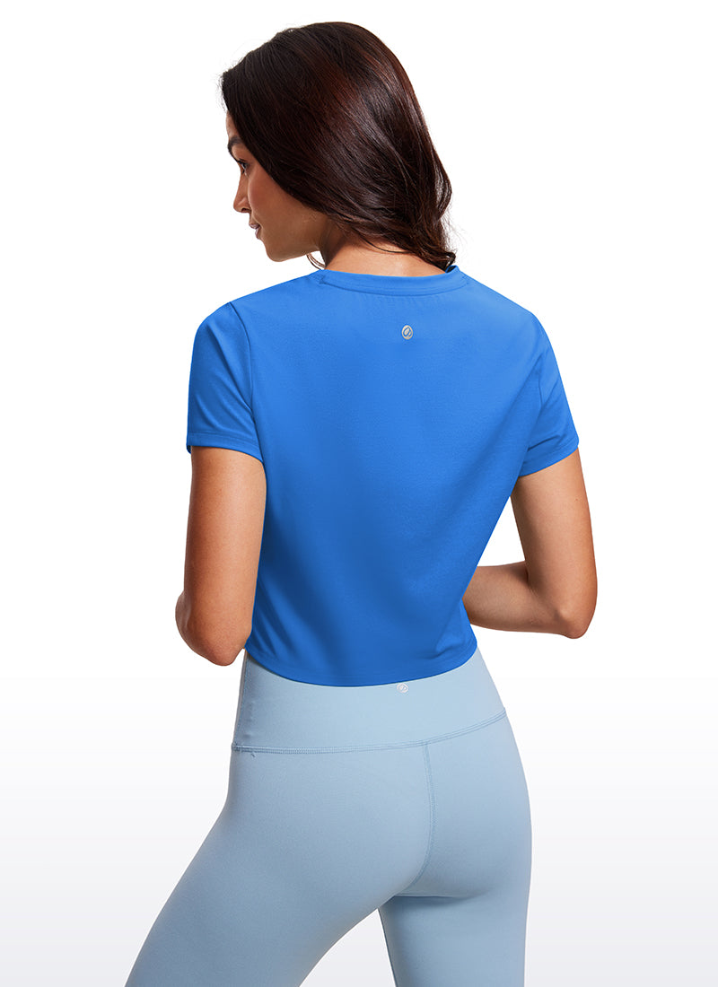 CRZ YOGA Atasan Yoga Wanita Model Klasik Butterluxe Lengan Pendek Model Cropped Warna Biru Berkilau