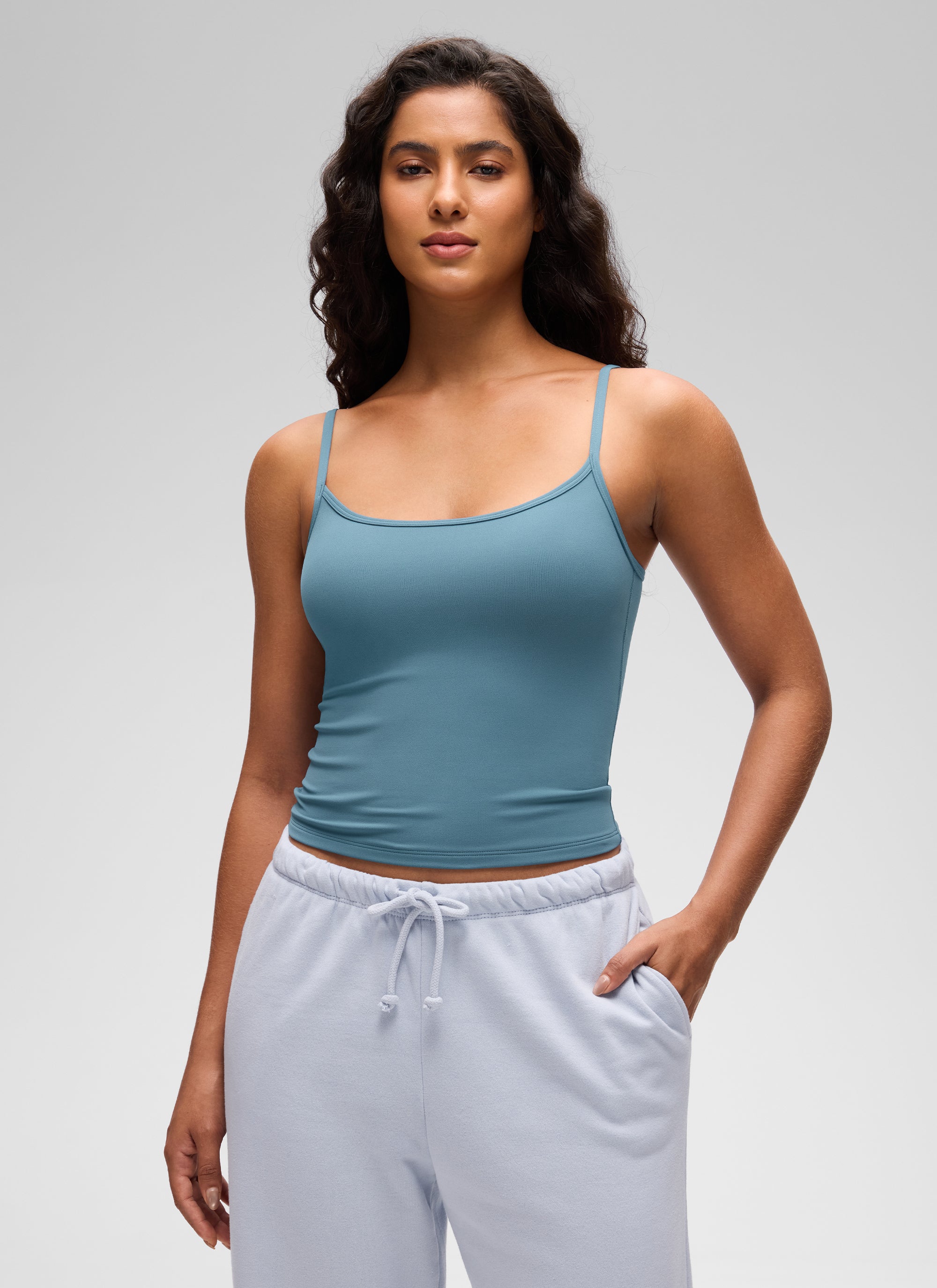 CRZ YOGA Tank Top Wanita " Butterluxe " Gaya Kasual, Leher Bulat, Punggung Berbentuk U, Lapisan Ganda, Warna Biru Abu-abu