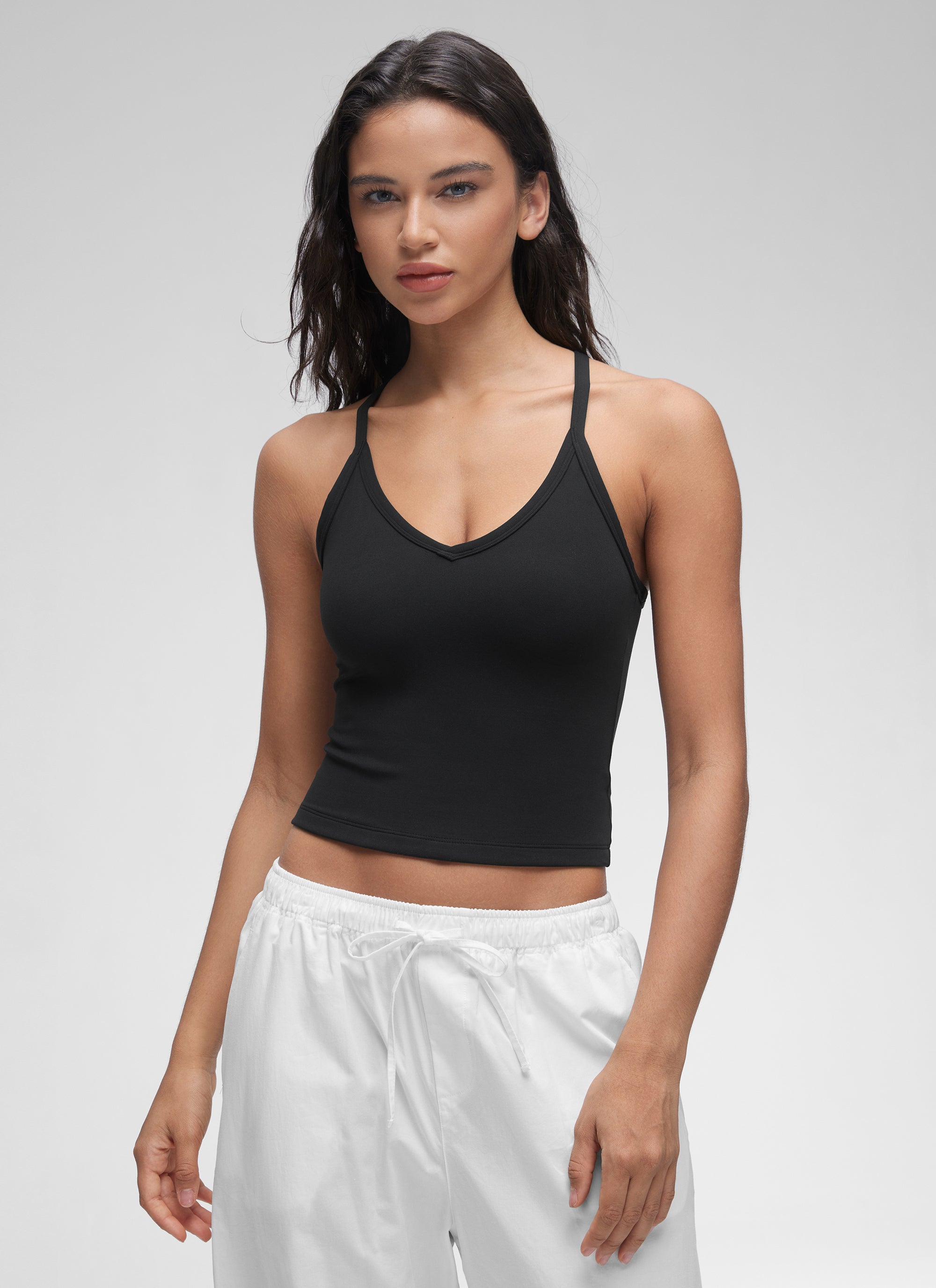 CRZ YOGA Kaos Tanpa Lengan Wanita dengan Leher V dan Punggung Racerback, Berlapis Ganda, Lembut, dan Bertekstur " Butterluxe ", Warna Hitam