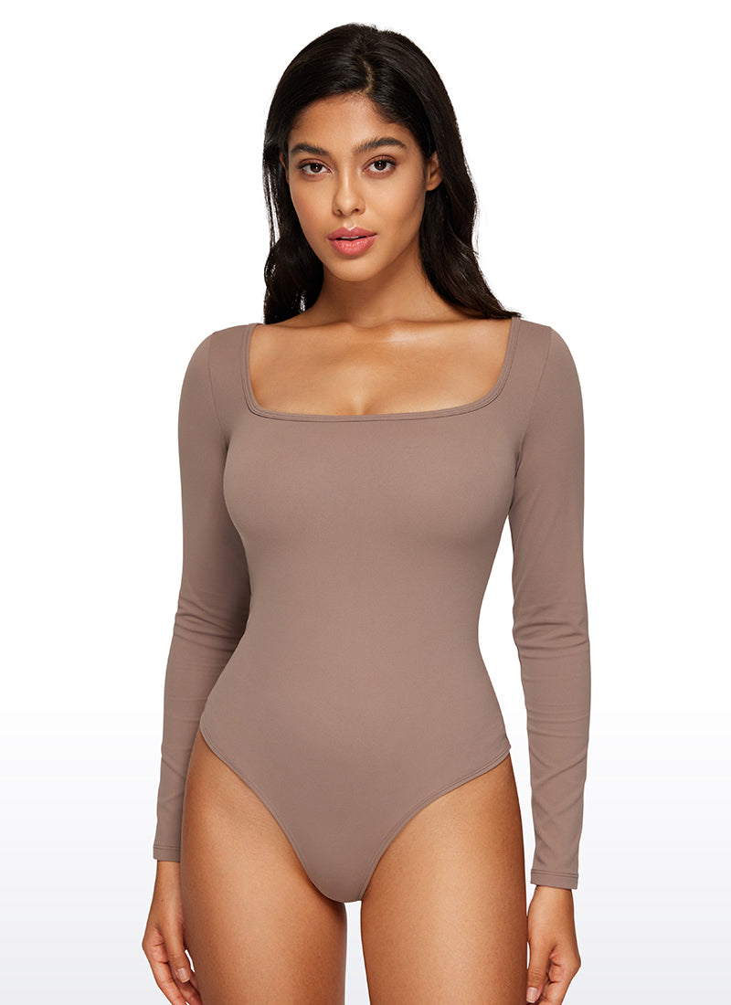 CRZ YOGA Women's Yoga Tight Fit Square Neck Long Sleeves Bodysuits Brown Purple