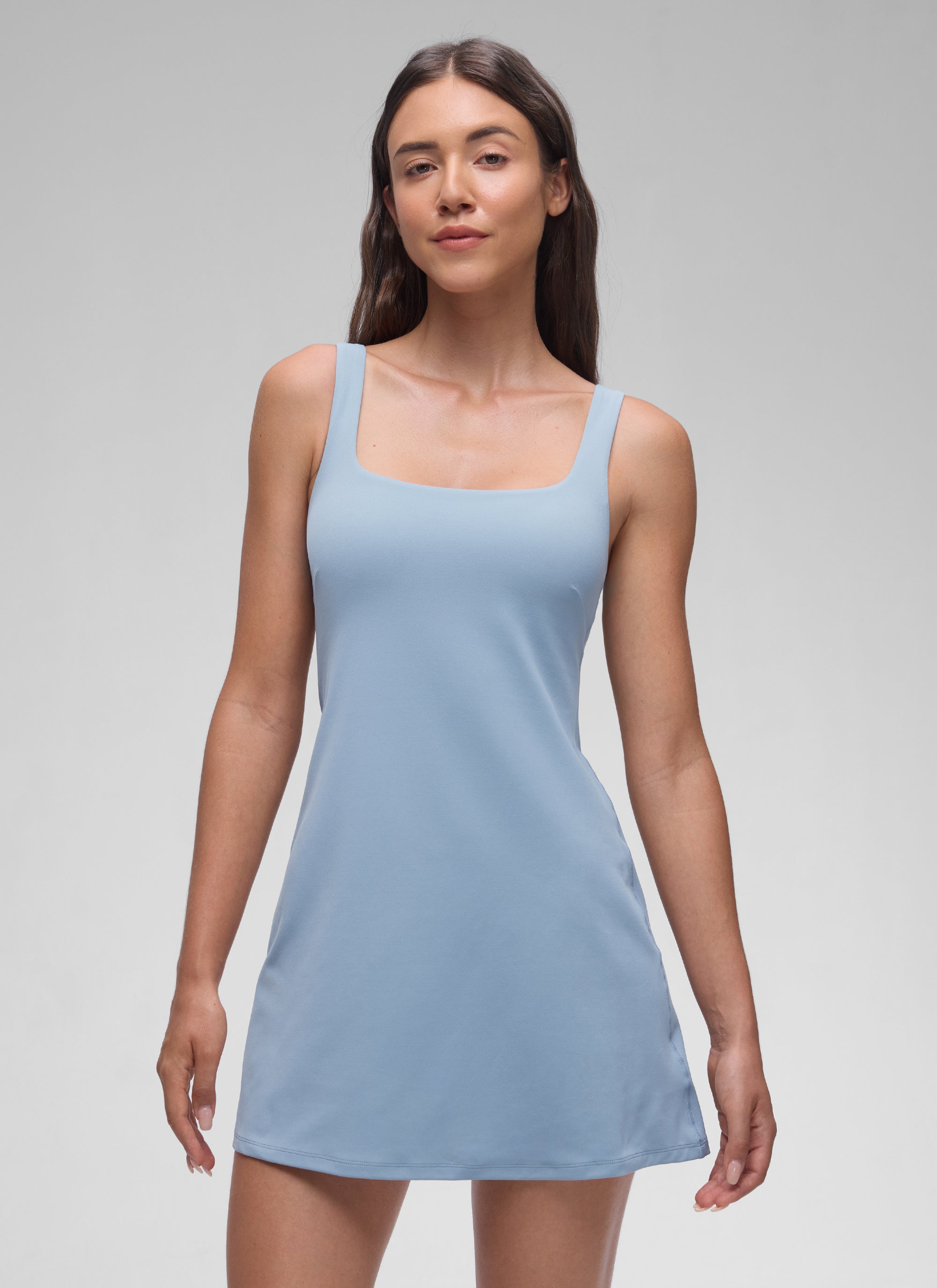 CRZ YOGA Gaun Tenis Wanita dengan Bra Terintegrasi, Leher Persegi, Model A-line, Bahan Cambric, Warna Biru Butterluxe