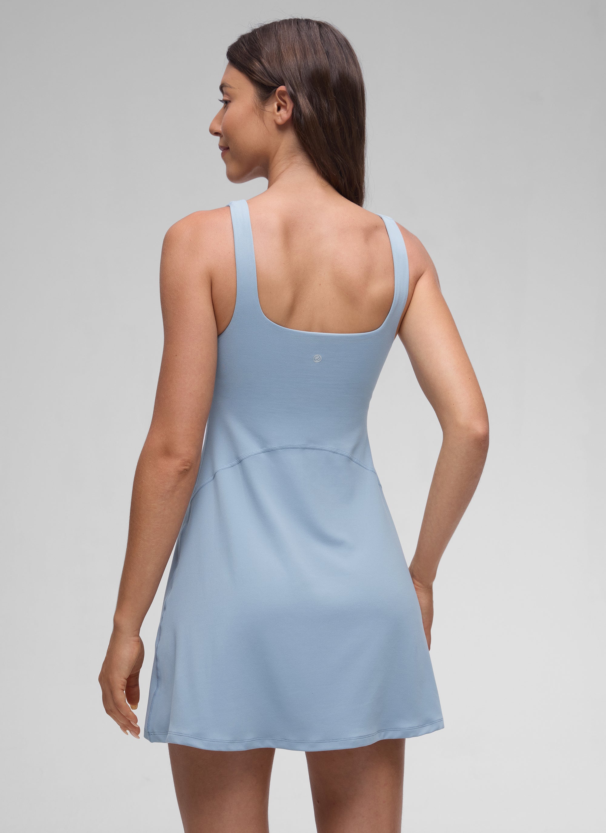 CRZ YOGA Gaun Tenis Wanita dengan Bra Terintegrasi, Leher Persegi, Model A-line, Bahan Cambric, Warna Biru Butterluxe