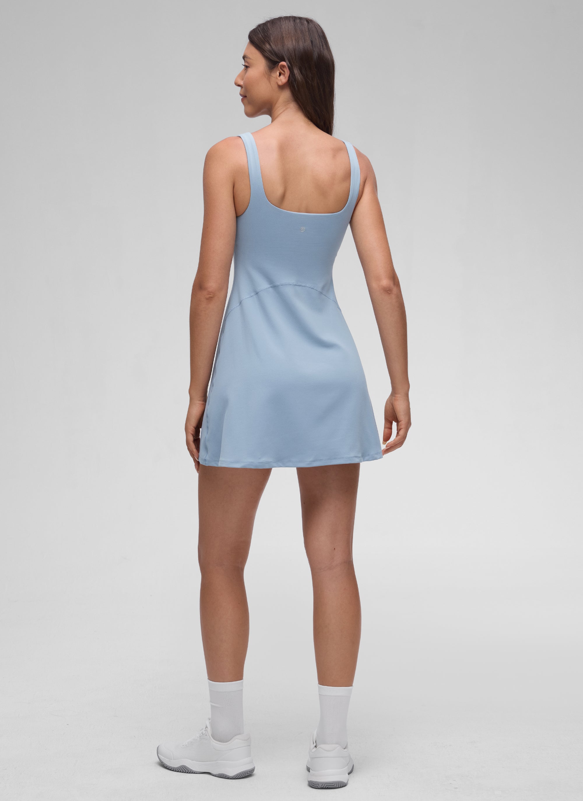 CRZ YOGA Gaun Tenis Wanita dengan Bra Terintegrasi, Leher Persegi, Model A-line, Bahan Cambric, Warna Biru Butterluxe