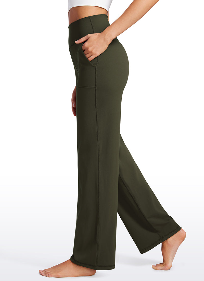 CRZ YOGA Celana Wanita Model " Butterluxe " dengan Pinggang Tinggi dan Kaki Lebar, Dilengkapi Saku, 31 inci, Warna Hijau Zaitun