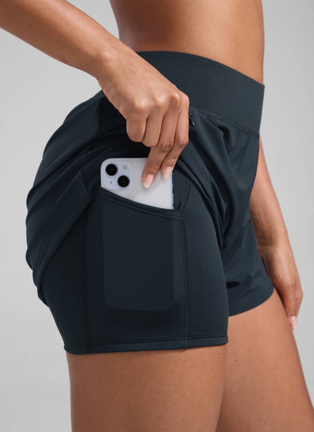 CRZ YOGA Celana Pendek Lari Wanita Pinggang Tinggi 2-in-1 dengan Saku 3