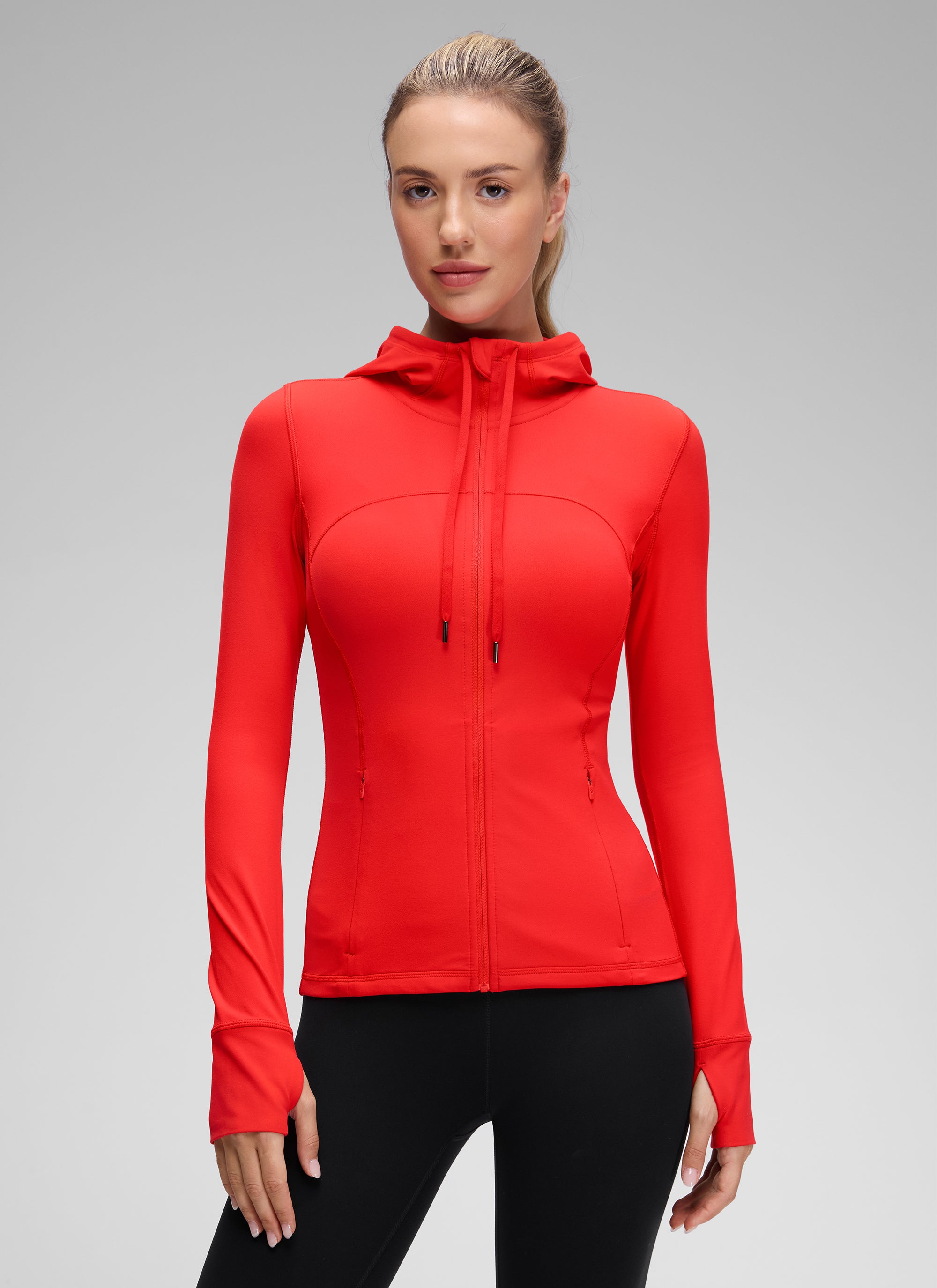 CRZ YOGA Jaket Hoodie Wanita dengan Resleting Penuh, Model Slim Fit, Kantong, dan Desain " Butterluxe ", Warna Merah Tua