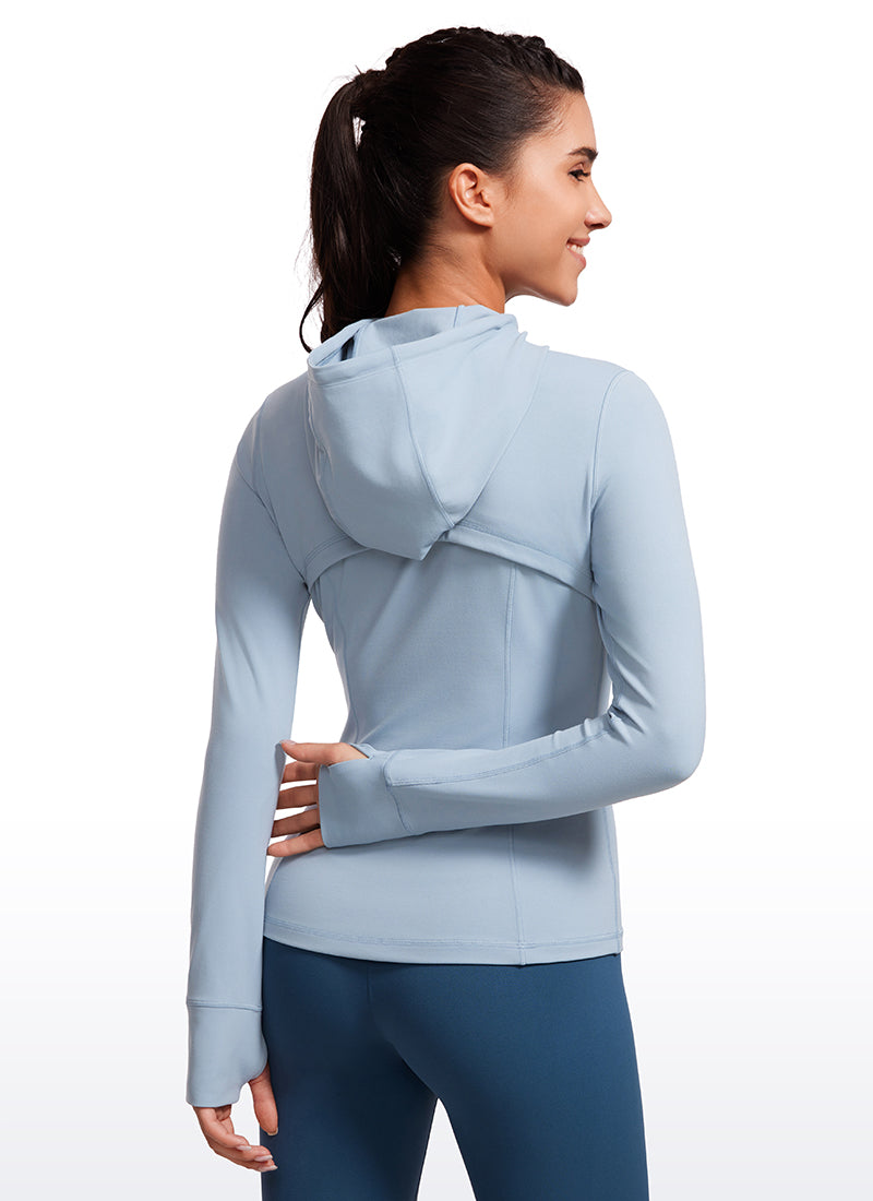 Butterluxe CRZ YOGA Hoodie Wanita Model Slim Fit dengan Saku dan Ritsleting Penuh, Warna Biru Cambric