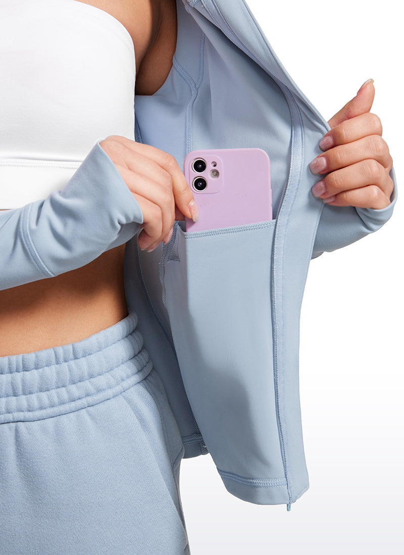 Butterluxe CRZ YOGA Hoodie Wanita Model Slim Fit dengan Saku dan Ritsleting Penuh, Warna Biru Cambric