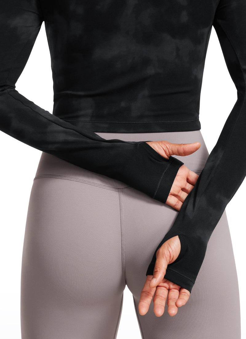 CRZ YOGA Legging yoga lengan panjang Butterluxe untuk wanita, motif Black Tie Dye Flowers