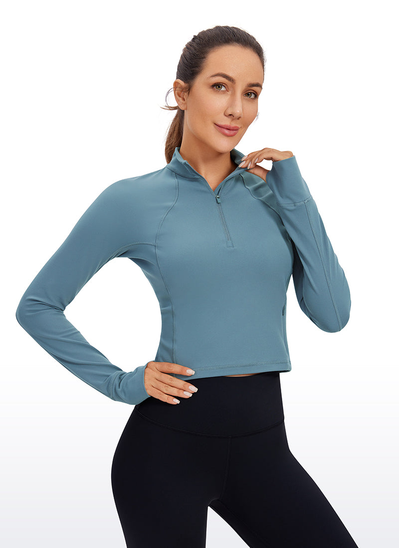 CRZ YOGA Atasan Yoga Wanita Slim Fit " Butterluxe " Lengan Panjang dengan Ritsleting Setengah, Warna Biru Abu-abu