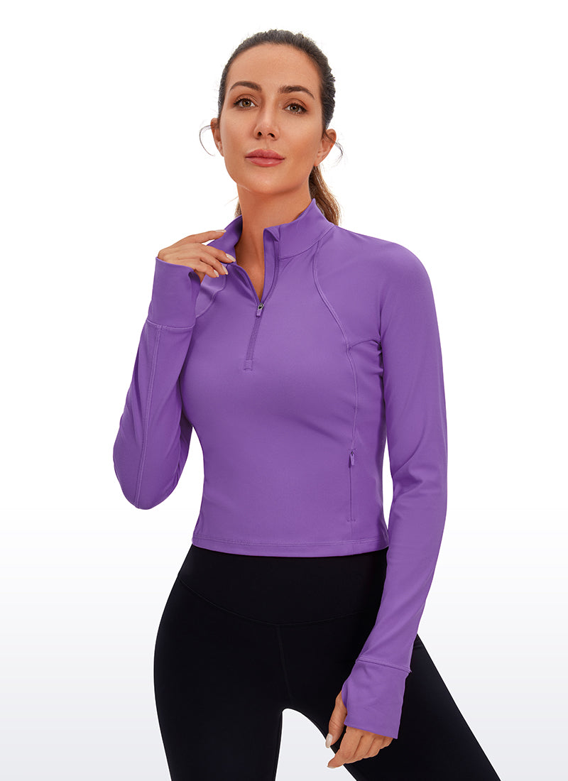 CRZ YOGA Atasan Yoga Slim Fit untuk Wanita " Butterluxe ", Lengan Panjang dengan Ritsleting Setengah, Warna Royal Lilac