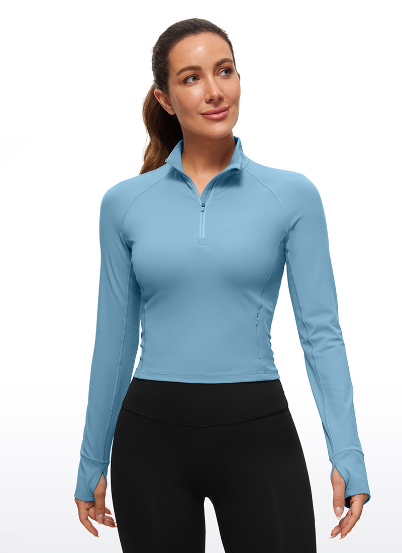 CRZ YOGA Atasan Yoga Wanita Model Slim Fit dengan Resleting Setengah Lengan Panjang, Motif " Butterluxe ", Warna Biru Murni