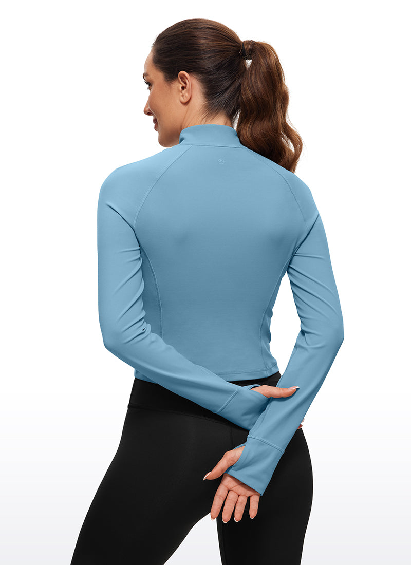 CRZ YOGA Atasan Yoga Wanita Model Slim Fit dengan Resleting Setengah Lengan Panjang, Motif " Butterluxe ", Warna Biru Murni