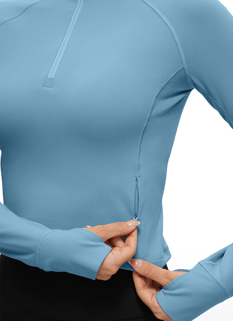 CRZ YOGA Atasan Yoga Wanita Model Slim Fit dengan Resleting Setengah Lengan Panjang, Motif " Butterluxe ", Warna Biru Murni