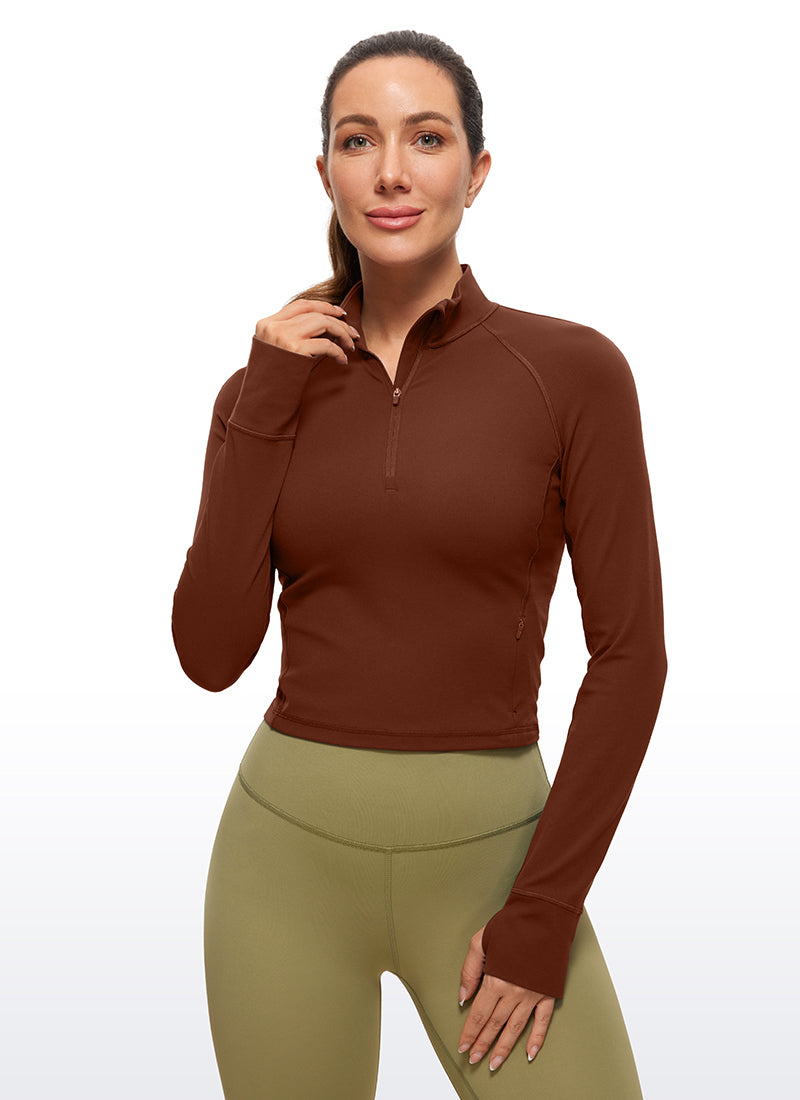 CRZ YOGA Atasan Yoga Slim Fit Wanita " Butterluxe " Lengan Panjang dengan Ritsleting Setengah, Warna Jujube Brown