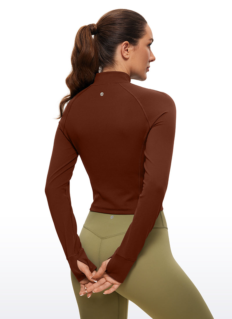 CRZ YOGA Atasan Yoga Slim Fit Wanita " Butterluxe " Lengan Panjang dengan Ritsleting Setengah, Warna Jujube Brown