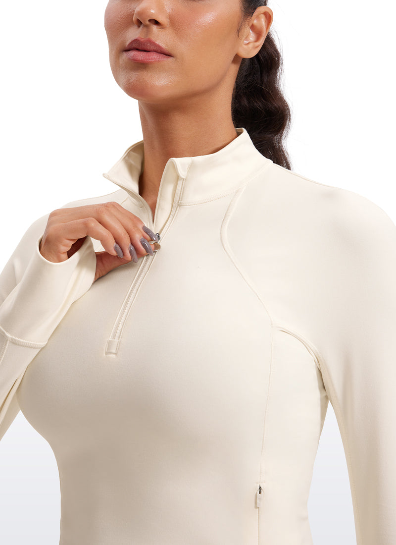 CRZ YOGA Atasan Yoga Wanita Model Slim Fit dengan Aksen " Butterluxe ", Lengan Panjang, Ritsleting Setengah, Warna Putih dan Aprikot