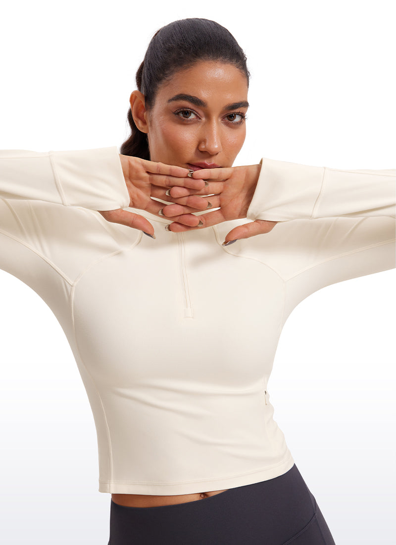 CRZ YOGA Atasan Yoga Wanita Model Slim Fit dengan Aksen " Butterluxe ", Lengan Panjang, Ritsleting Setengah, Warna Putih dan Aprikot