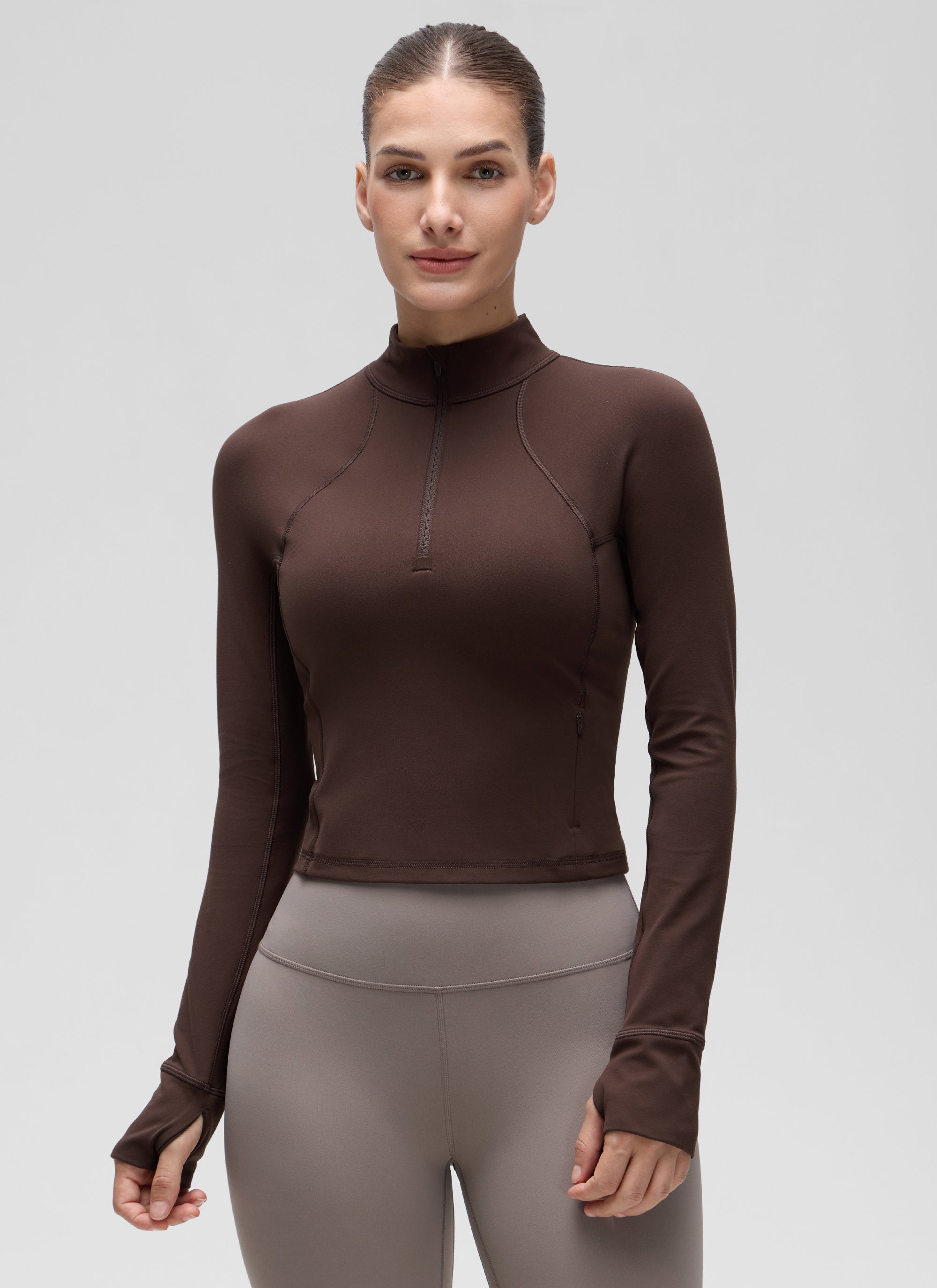 CRZ YOGA Women's Yoga Slim Fit Tops Butterluxe Half-Zip Long Sleeve Hot Fudge Brown