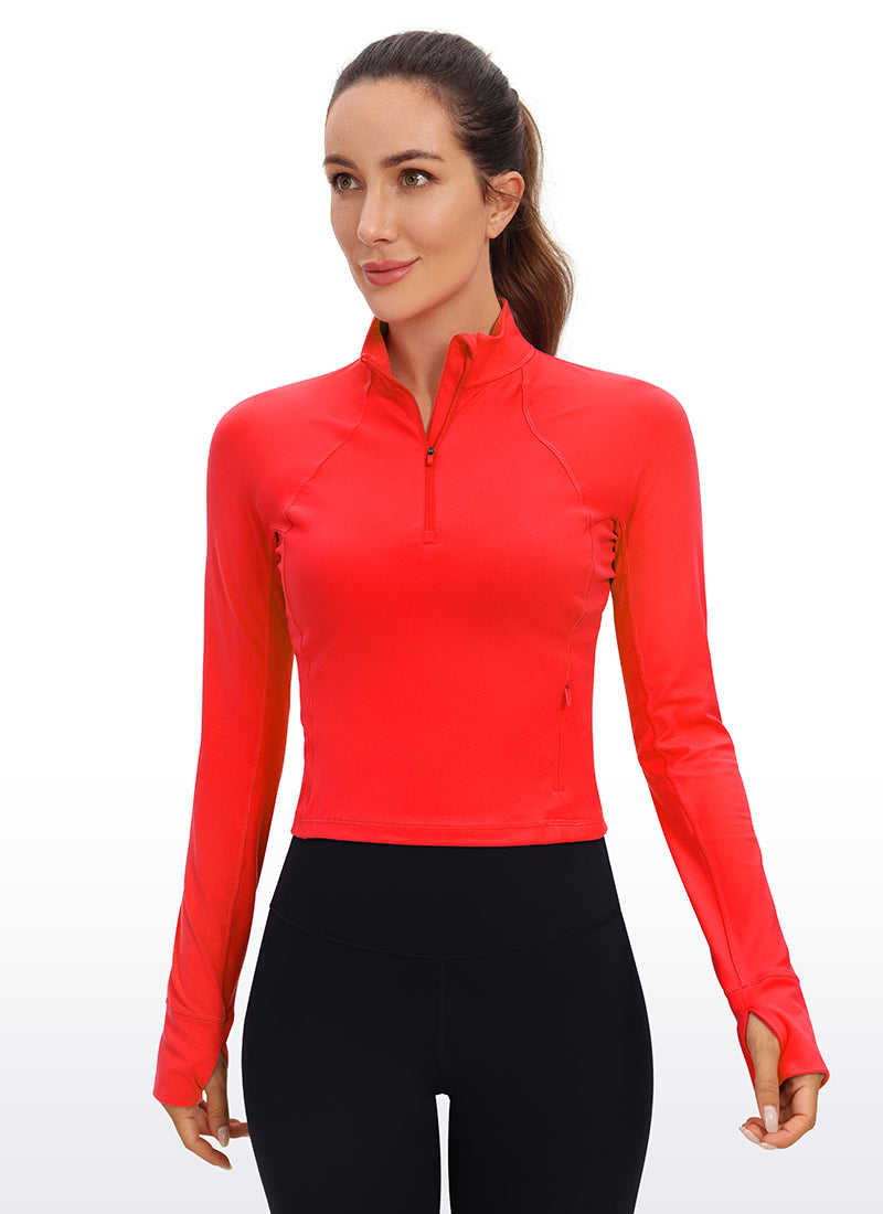 CRZ YOGA Atasan Yoga Slim Fit Wanita Butterluxe Setengah Risleting Lengan Panjang Merah Tua